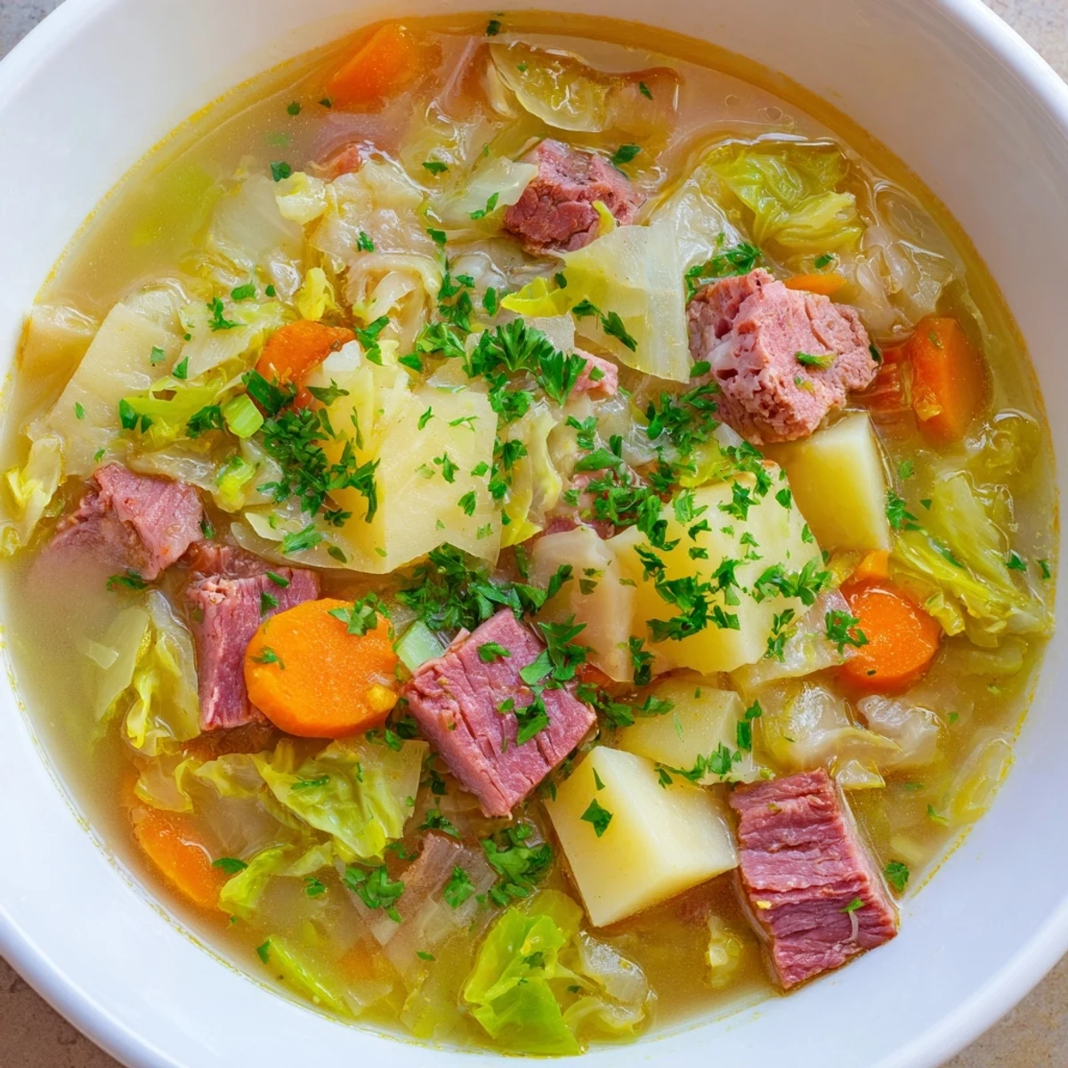 Chunky Corned Beef and Cabbage Soup with Potatoes ready to serve, highlighting tender beef and veggies.