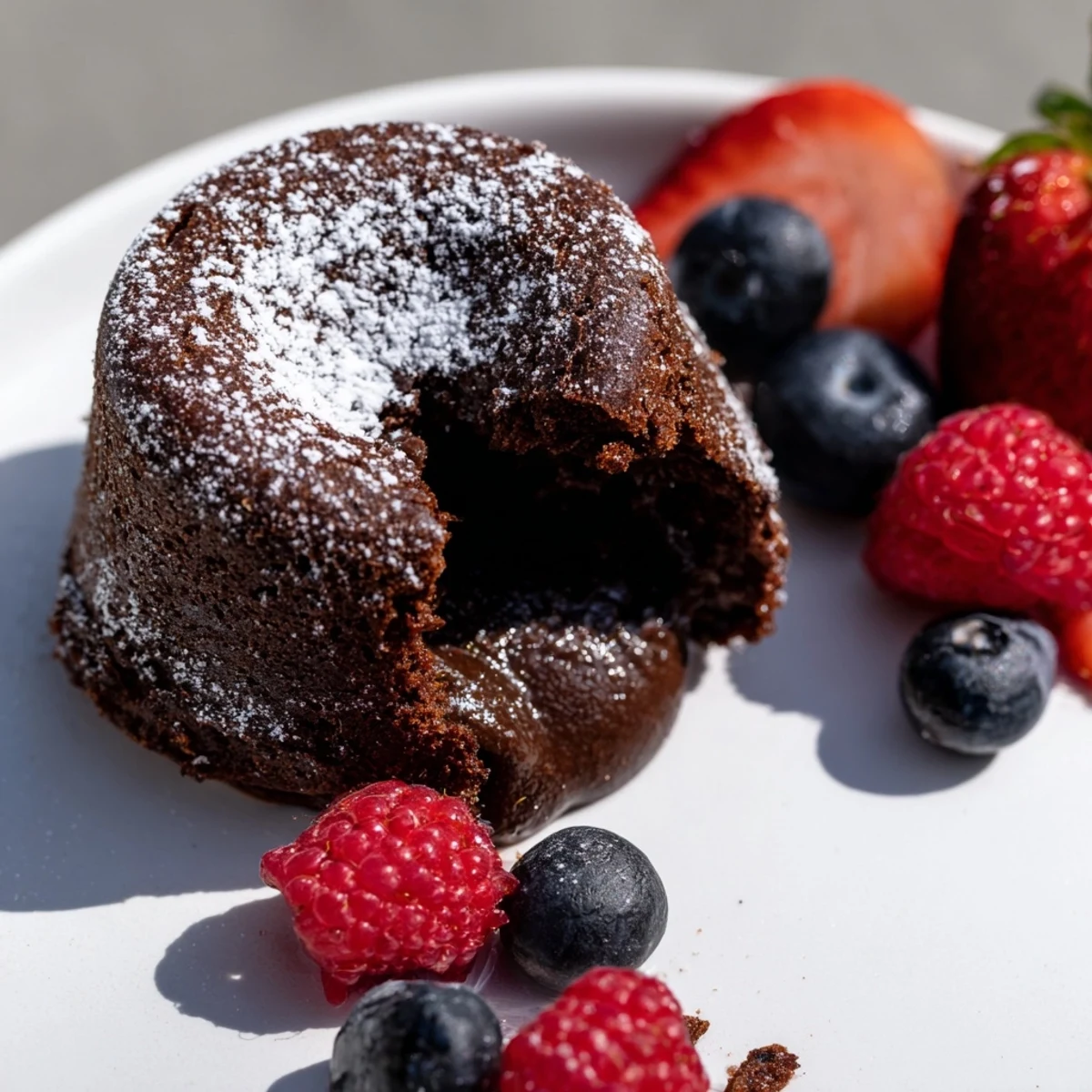 Freshly baked Valentine Chocolate Lava Cakes rest on a white plate, showcasing their rich, molten centers oozing onto the surface. Vibrant raspberries and sliced strawberries are arranged on the side, with a light dusting of powdered sugar over the warm cakes.