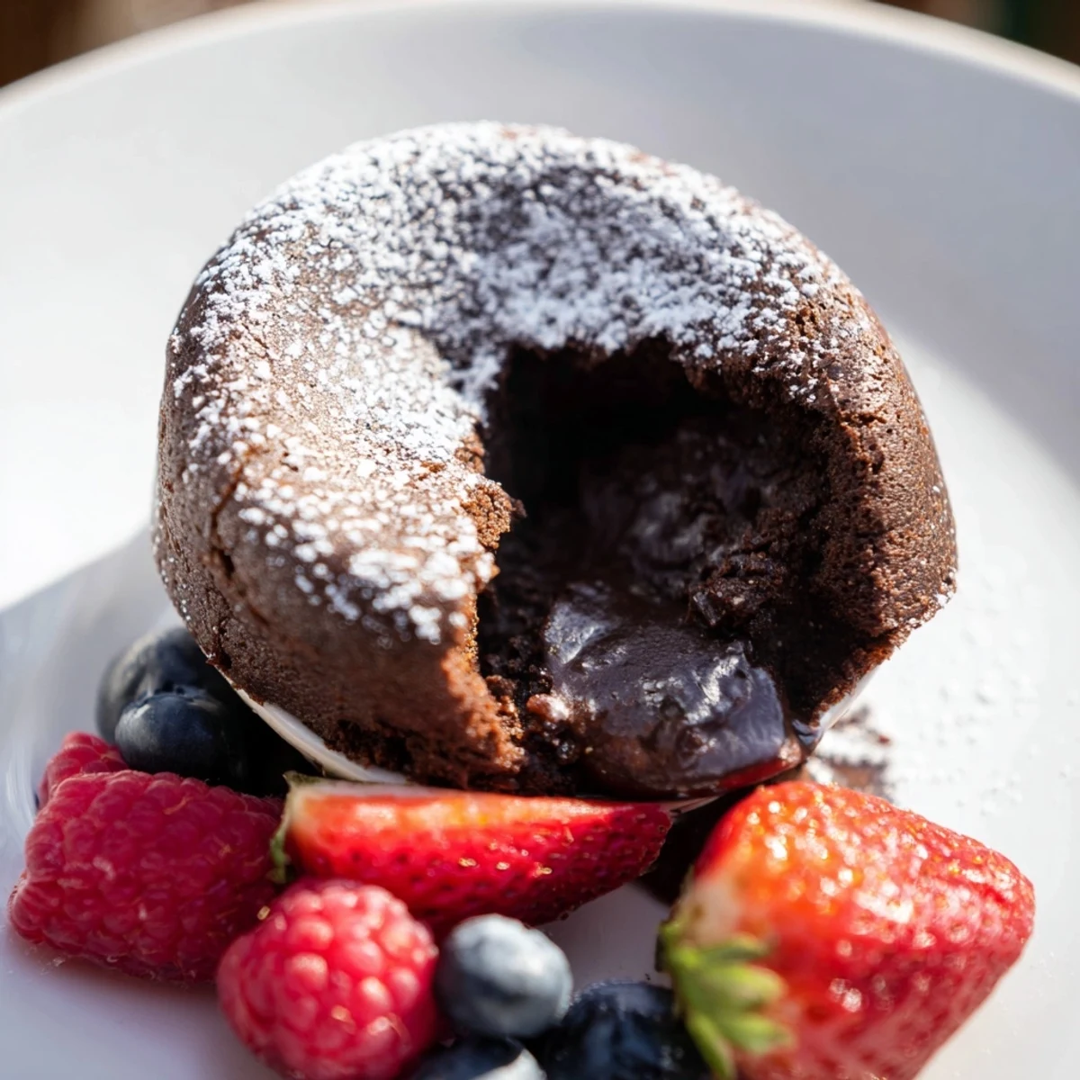 Golden brown Valentine Chocolate Lava Cakes sit in white ramekins, ready to be served. A fork has just broken into the first cake, revealing the decadent, flowing chocolate center, accompanied by a scoop of vanilla ice cream and fresh blueberries.
