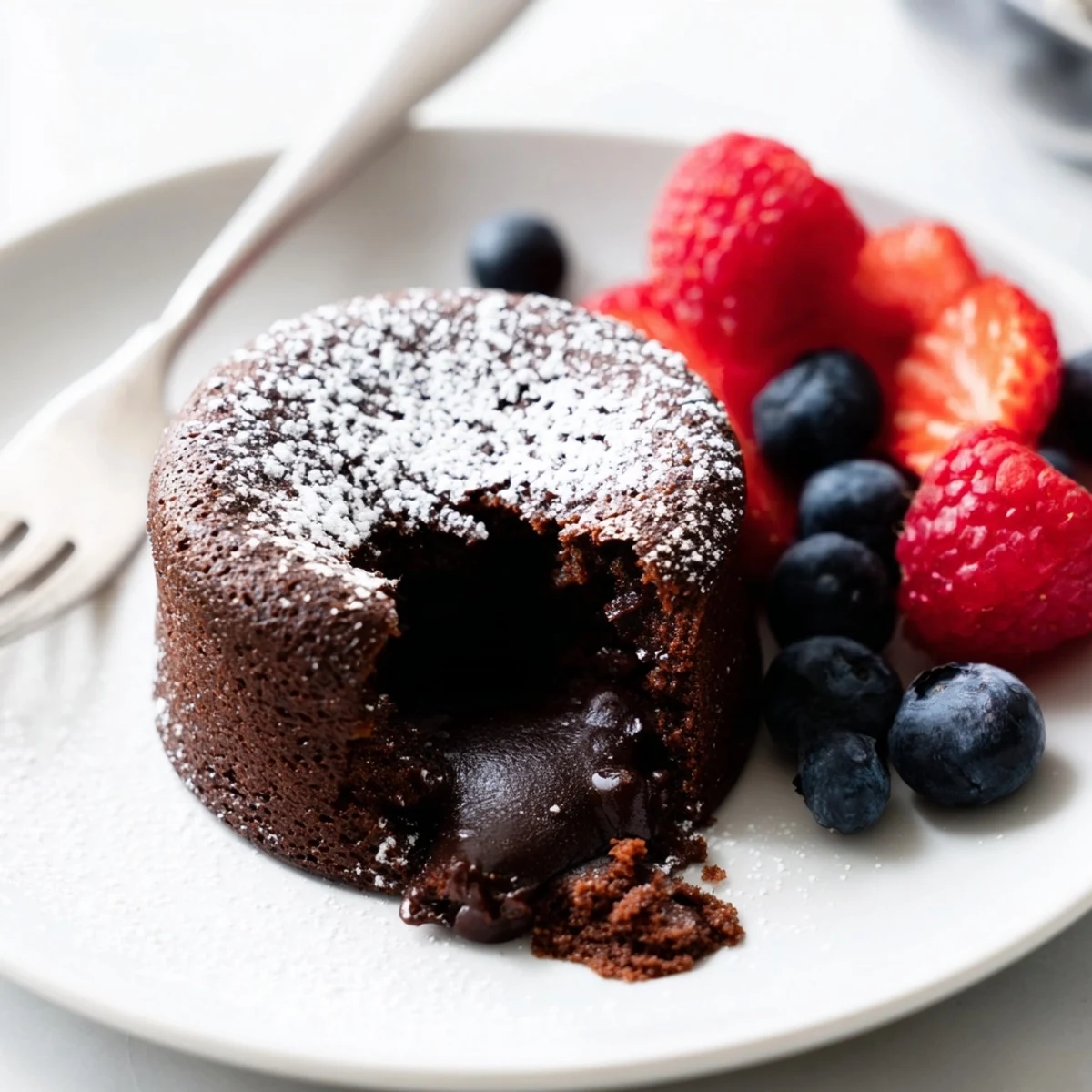 Close-up on a plated Valentine Chocolate Lava Cake, highlighting the gooey, warm chocolate lava spilling from the sliced cake. The rich, dark chocolate cake contrasts beautifully with the bright red strawberries and raspberries scattered around the plate.