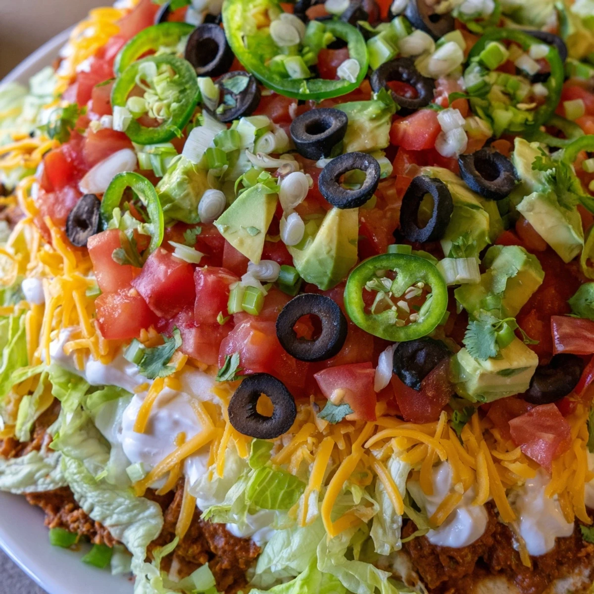 Freshly prepared Ultimate Layered Taco Dip with colorful toppings and crunchy tortilla chips for dipping.