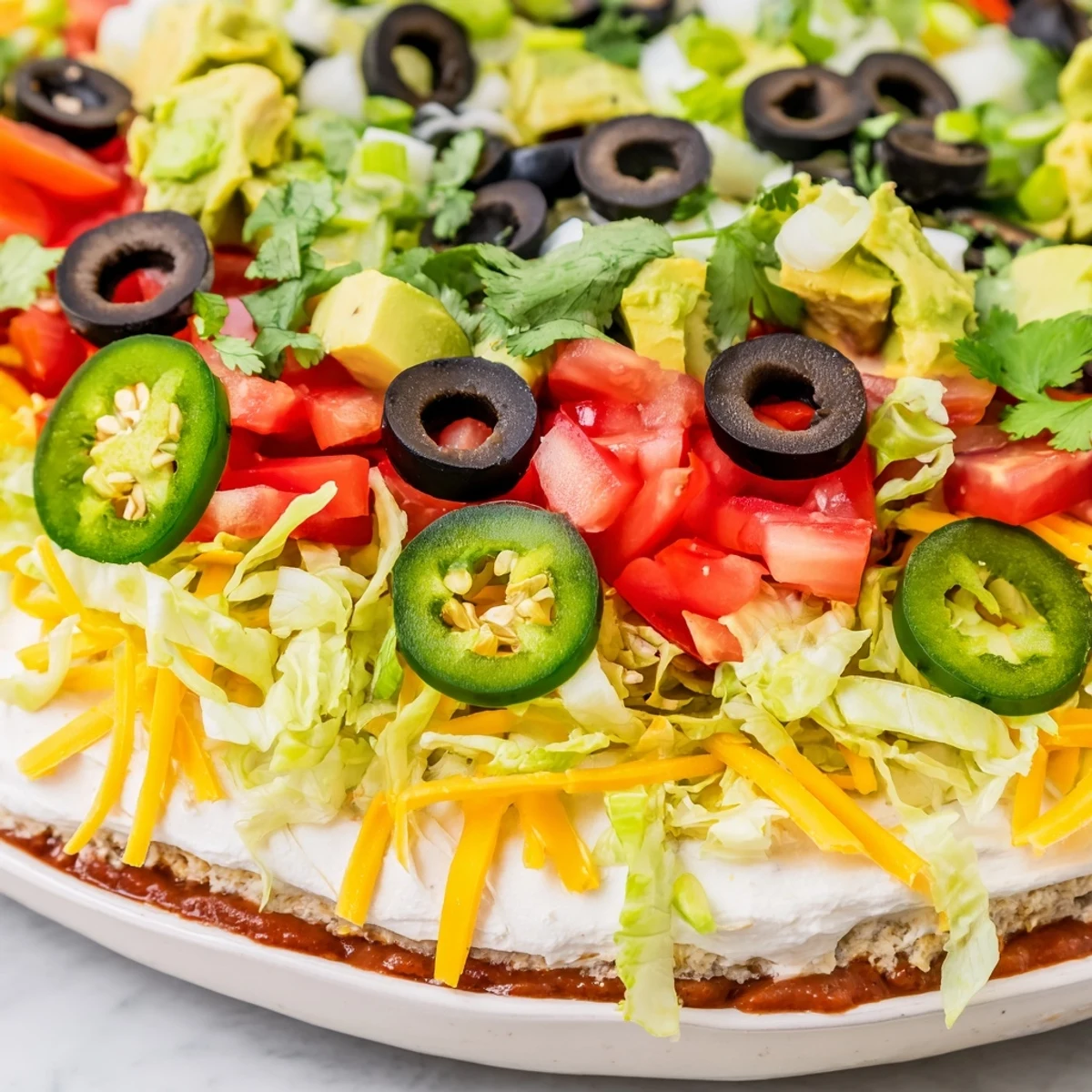 A generous platter of Ultimate Layered Taco Dip, brimming with creamy layers and fresh diced avocado.