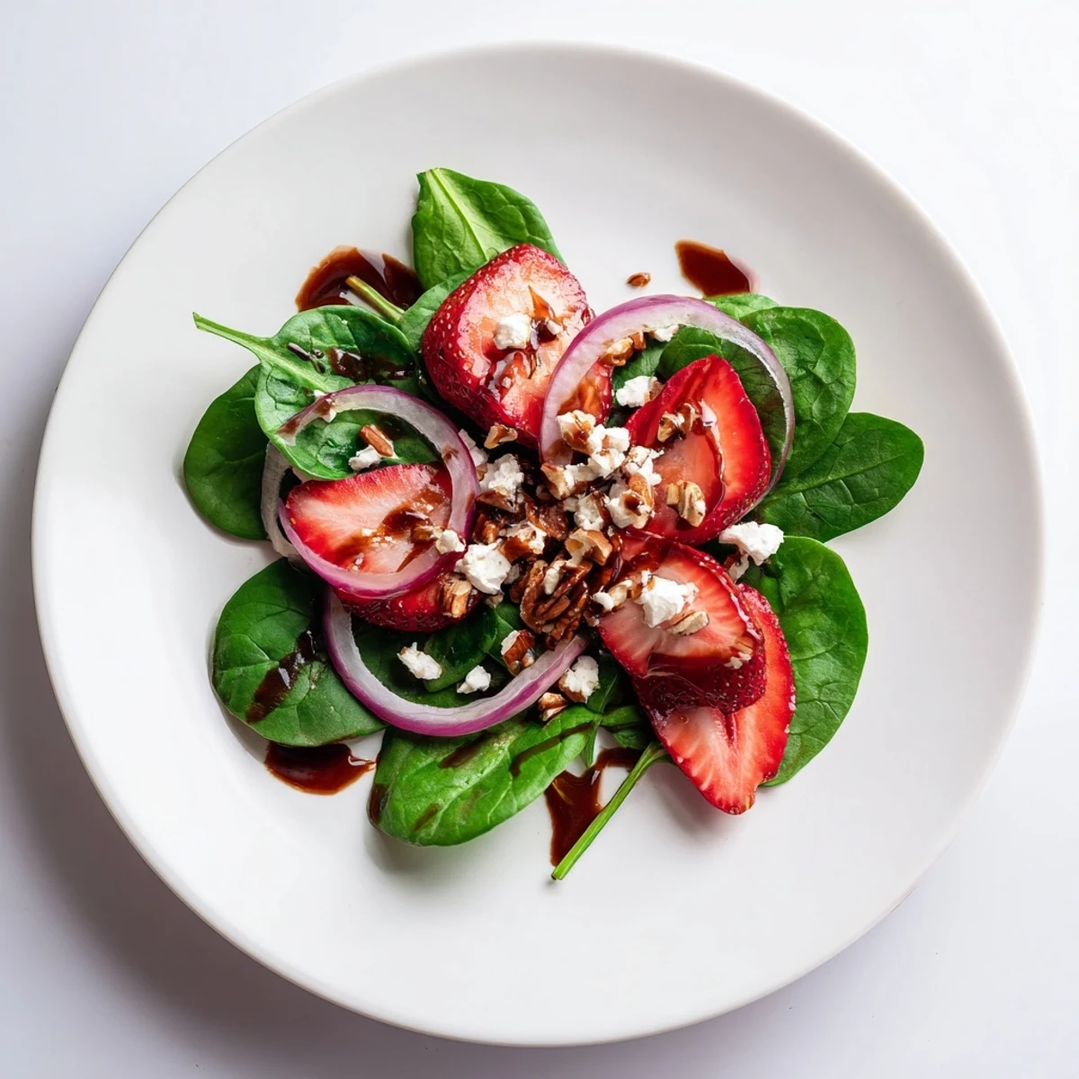 A vibrant bowl of Strawberry Spinach Salad with Balsamic Vinaigrette, featuring juicy strawberries, creamy feta, and toasted pecans.