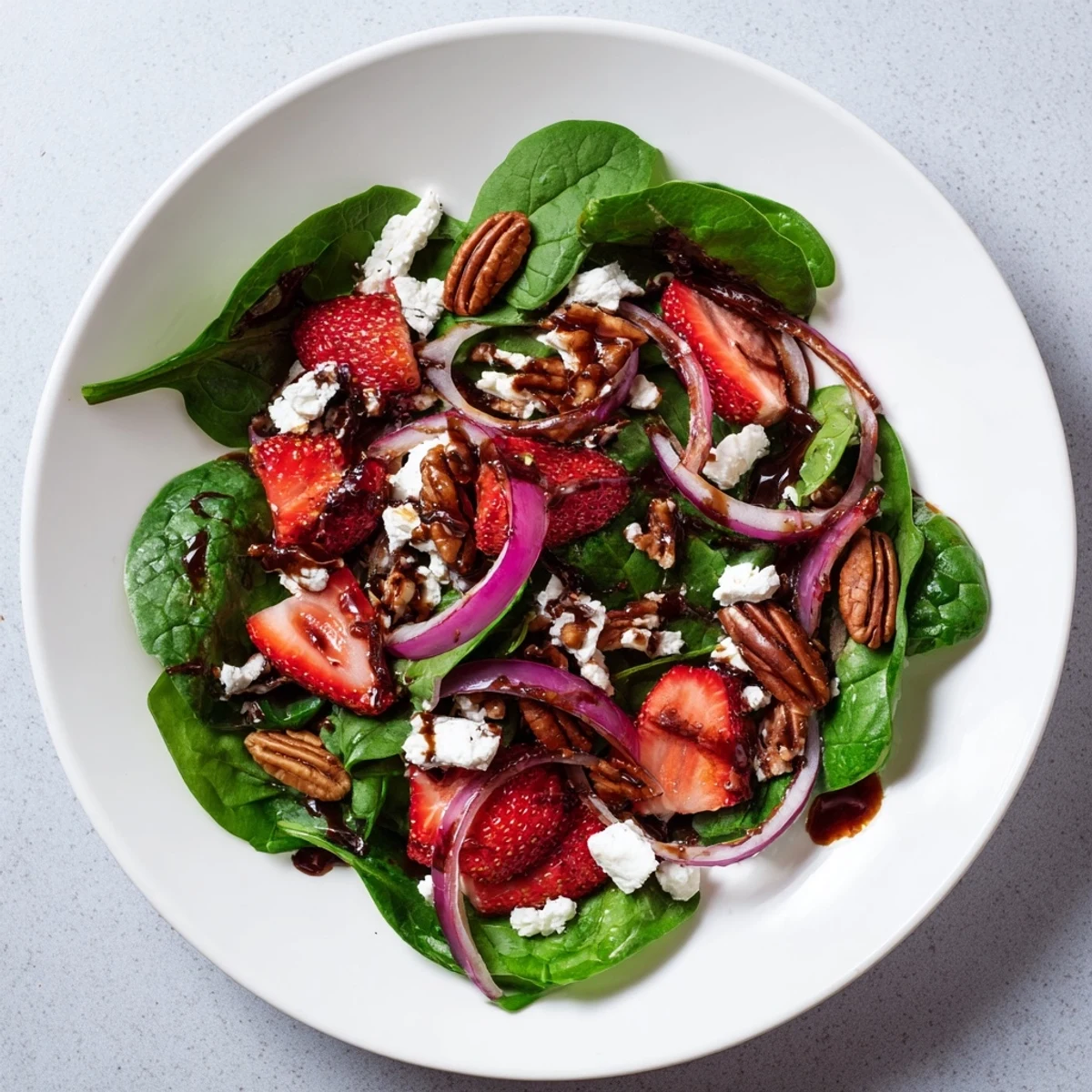 Fresh baby spinach and sliced strawberries topped with feta, red onion, and crunchy pecans in a salad bowl.