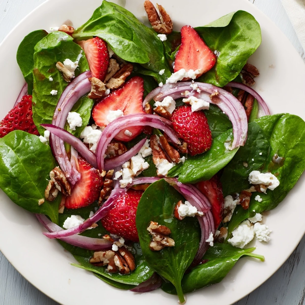 A refreshing serving of Strawberry Spinach Salad tossed with balsamic vinaigrette, highlighted by crisp cucumbers and tangy red onion.