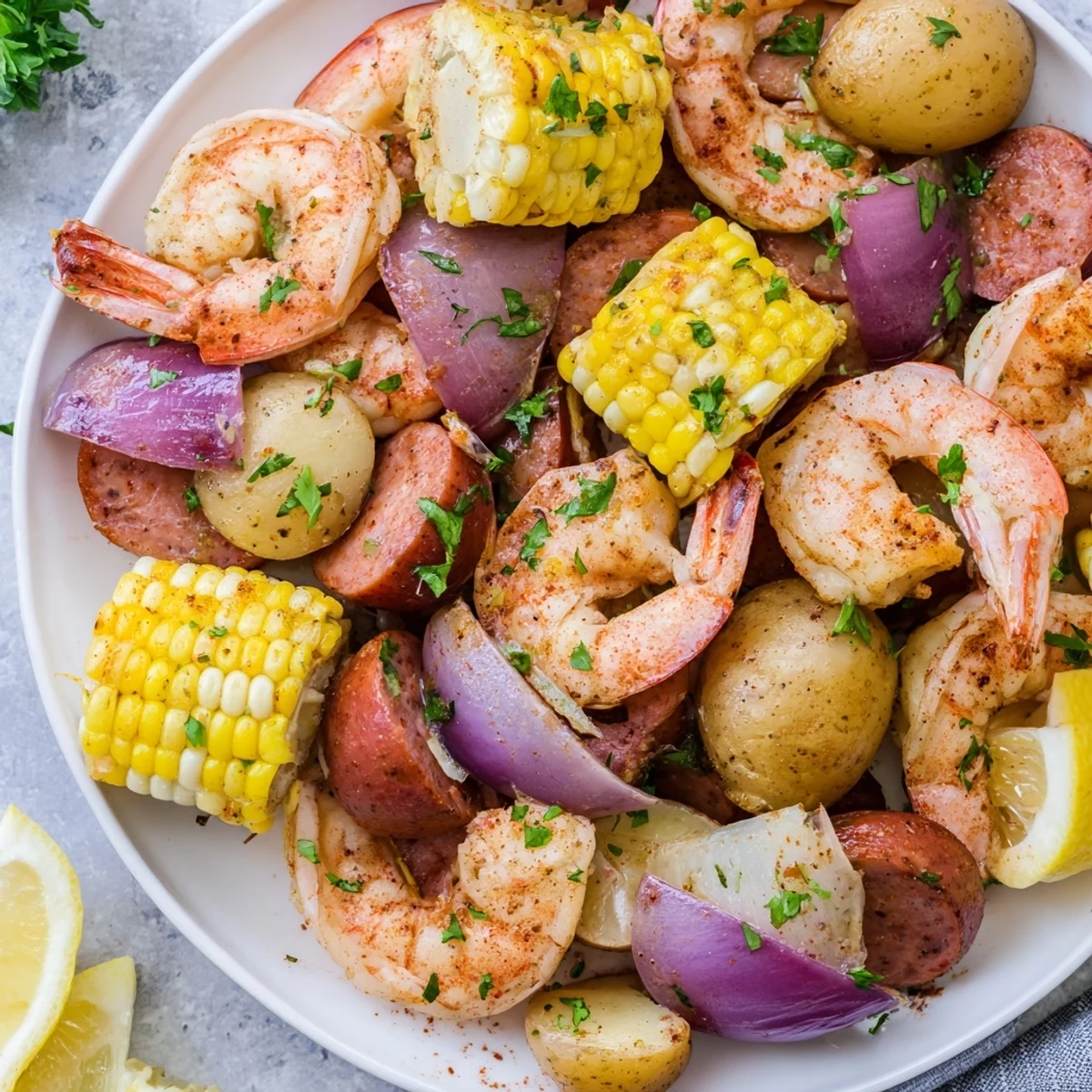 Sheet Pan Shrimp Boil with Corn and Potatoes features roasted shrimp, potatoes, and corn, garnished with fresh parsley and lemon wedges.
