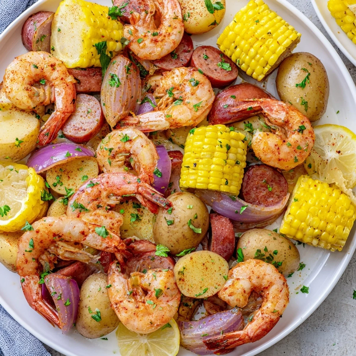Golden brown potatoes and corn mingle with pink shrimp in this Sheet Pan Shrimp Boil with Corn and Potatoes, served with lemon.