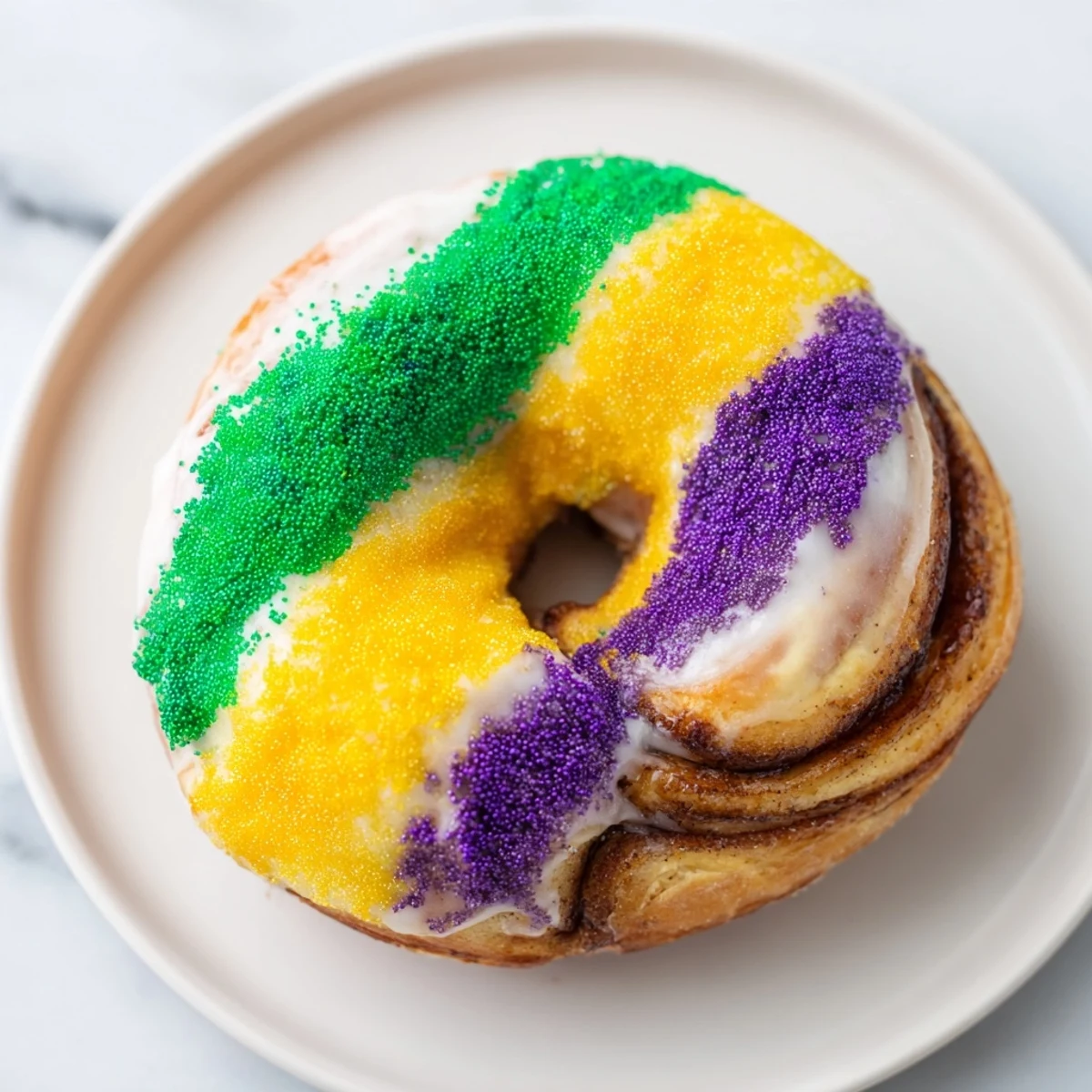 Freshly baked Mardi Gras King Cake Donuts cooling on a wire rack with purple, green, and yellow sugar sprinkles.