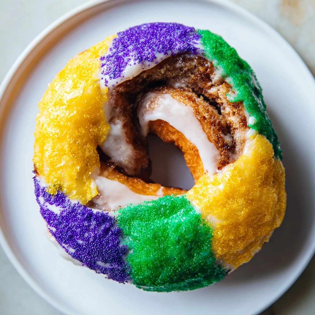 Homemade Mardi Gras King Cake Donuts dipped in vanilla glaze and dusted with colorful Mardi Gras sanding sugars.