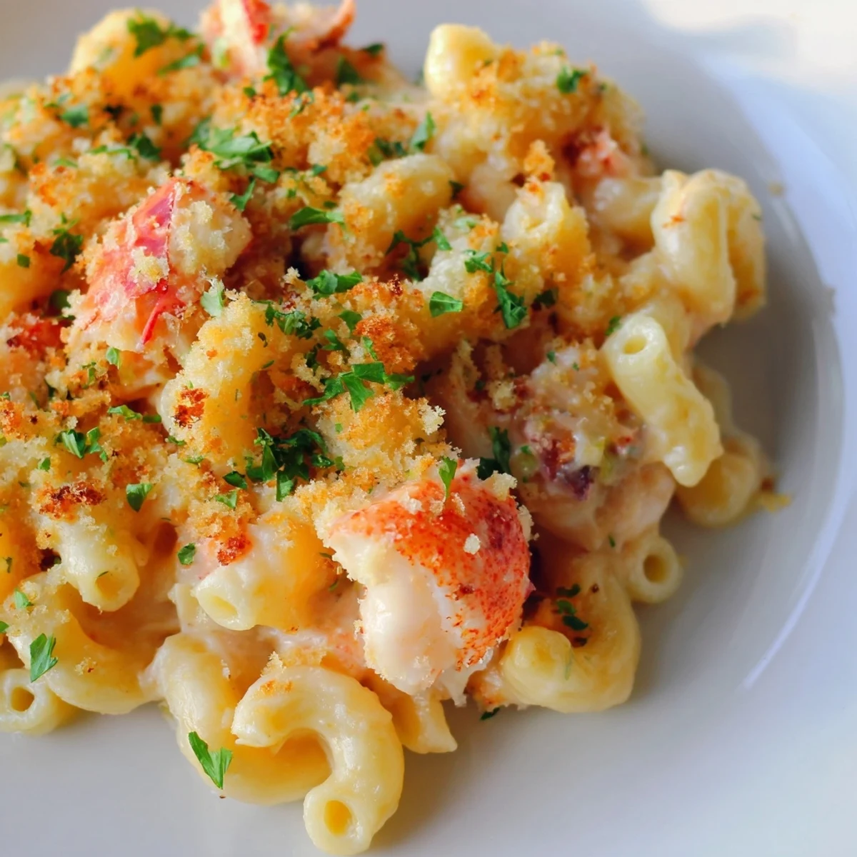 Serving a creamy Lobster Macaroni and Cheese casserole with a golden crust and chopped lobster meat visible.