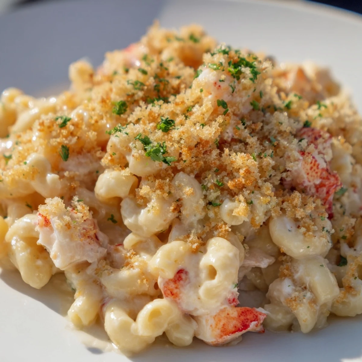Bubbling cheesy Lobster Macaroni and Cheese topped with fresh parsley and panko breadcrumbs straight from the oven.