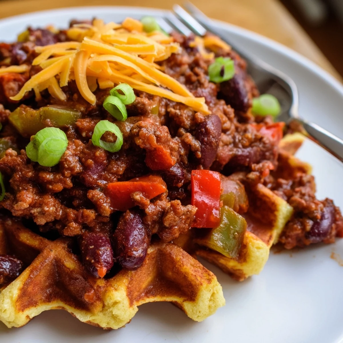 Tender beef and bean chili topped with golden, crisp cornbread waffles garnished with green onions.