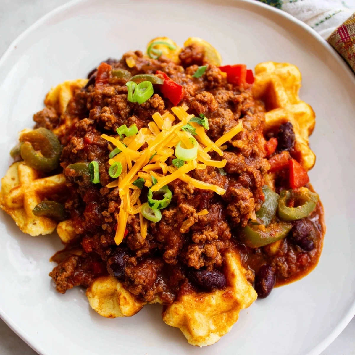 A comforting serving of beef chili with cornbread waffles, drizzled with sour cream for extra richness.
