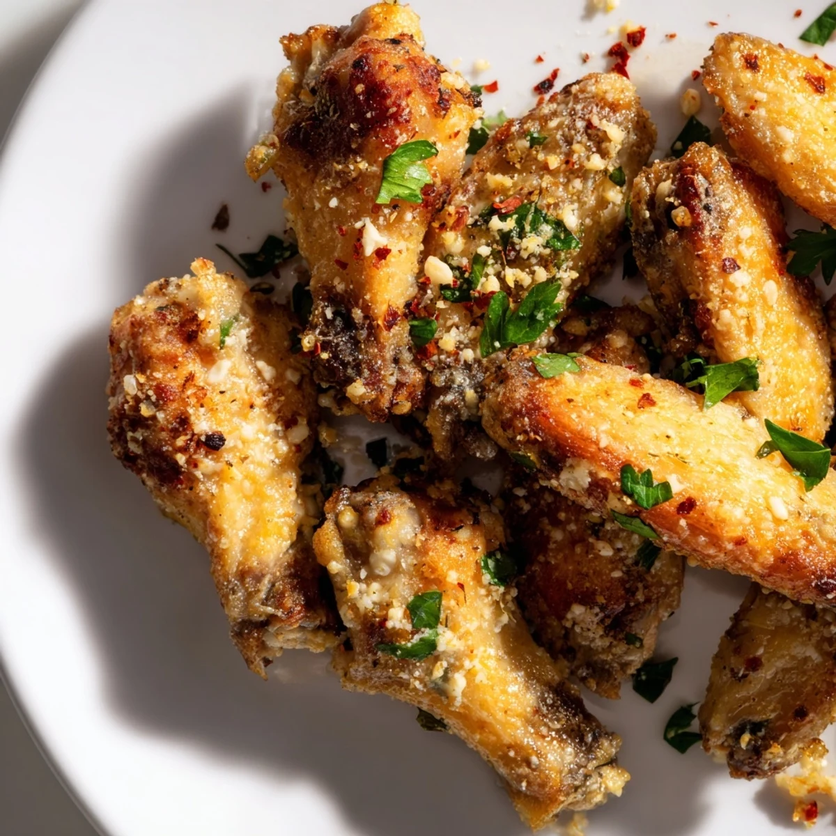 Golden brown Crispy Baked Chicken Wings with Garlic Parmesan glisten with buttery sauce, served hot with fresh parsley garnish.