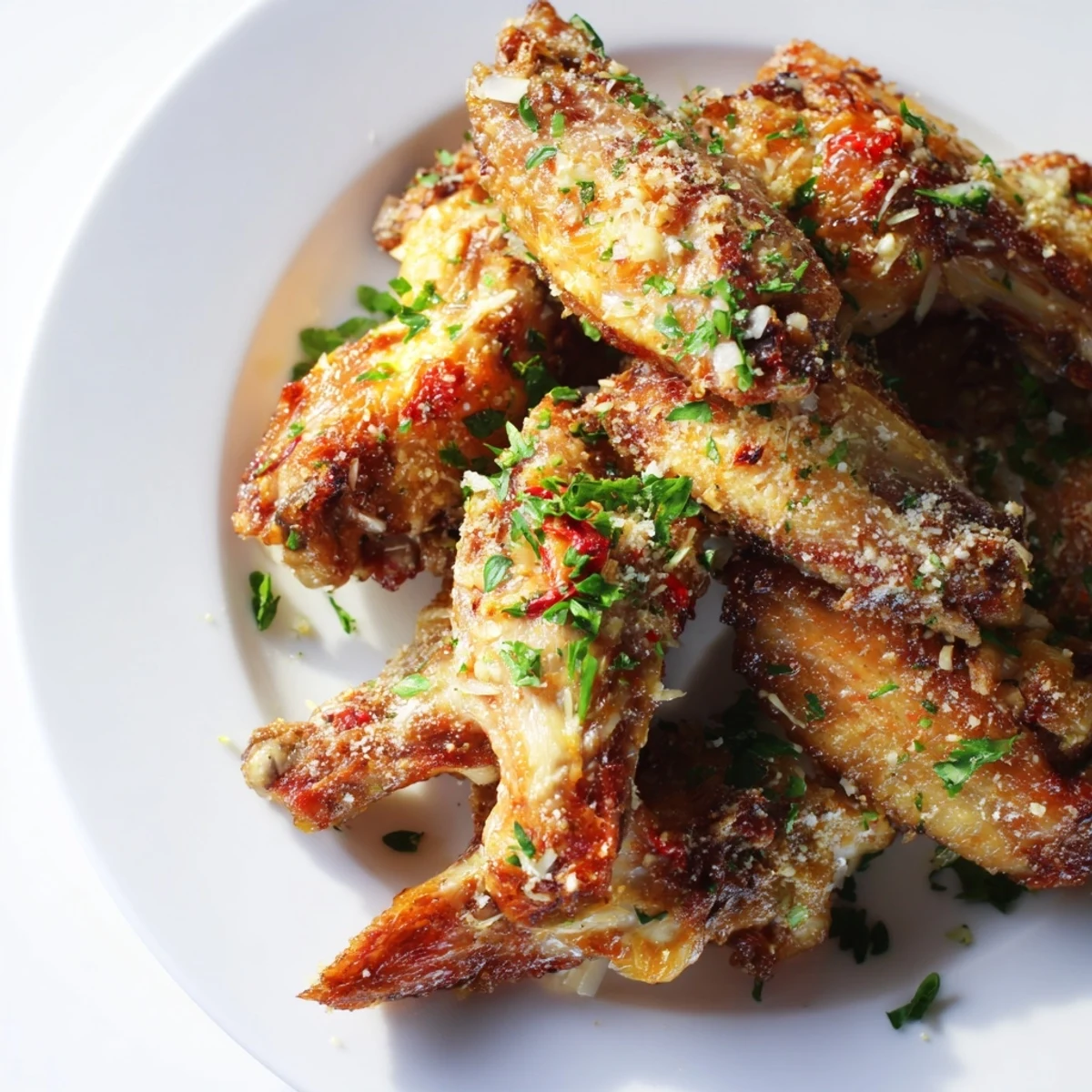 Steam rises from a platter of Crispy Baked Chicken Wings with Garlic Parmesan tossed in rich, melted butter sauce.
