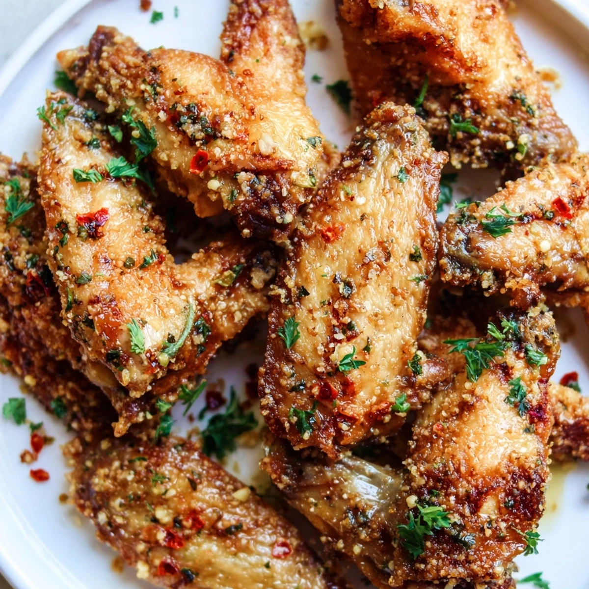 A close-up of Crispy Baked Chicken Wings with Garlic Parmesan showcasing crispy skin and generous cheese coating, ready to eat.