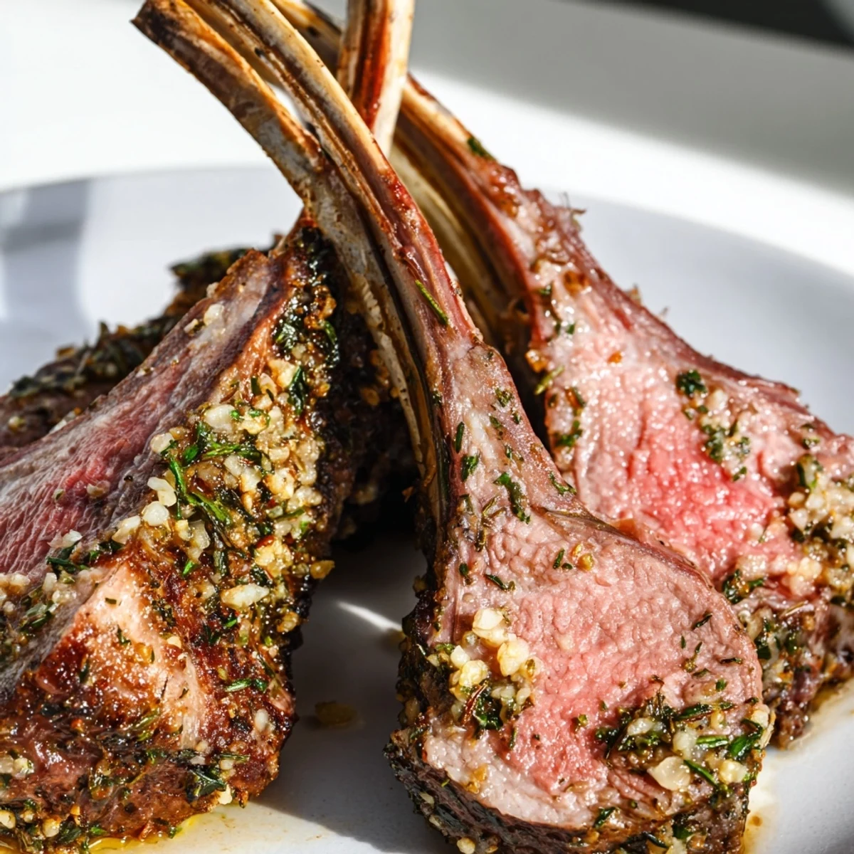 Roasted Garlic Herb Rack of Lamb sits on a rustic board, glistening with rosemary and thyme.
