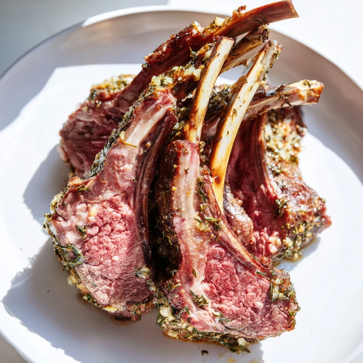 Juicy Garlic Herb Roasted Rack of Lamb, seared and served with red wine sauce.