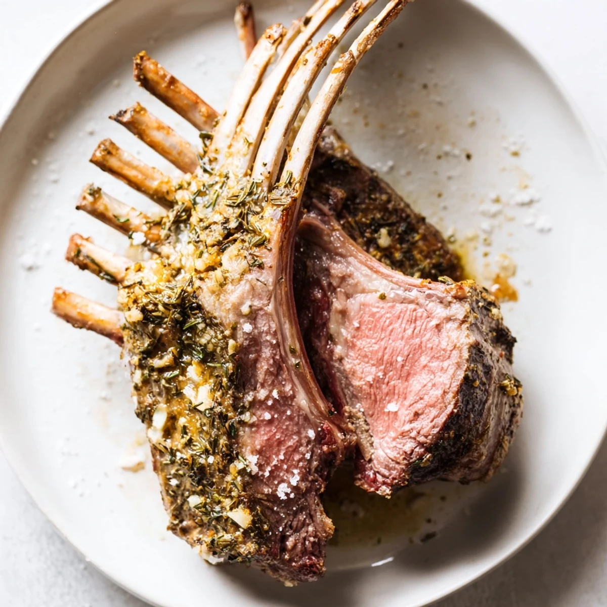 A beautifully caramelized Garlic Herb Roasted Rack of Lamb ready for an elegant dinner.