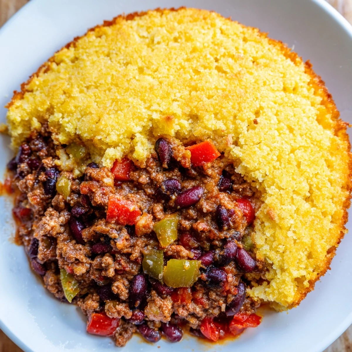 Hot Beef Chili with Cornbread Topping baked in a cast iron skillet, with melted butter nearby.