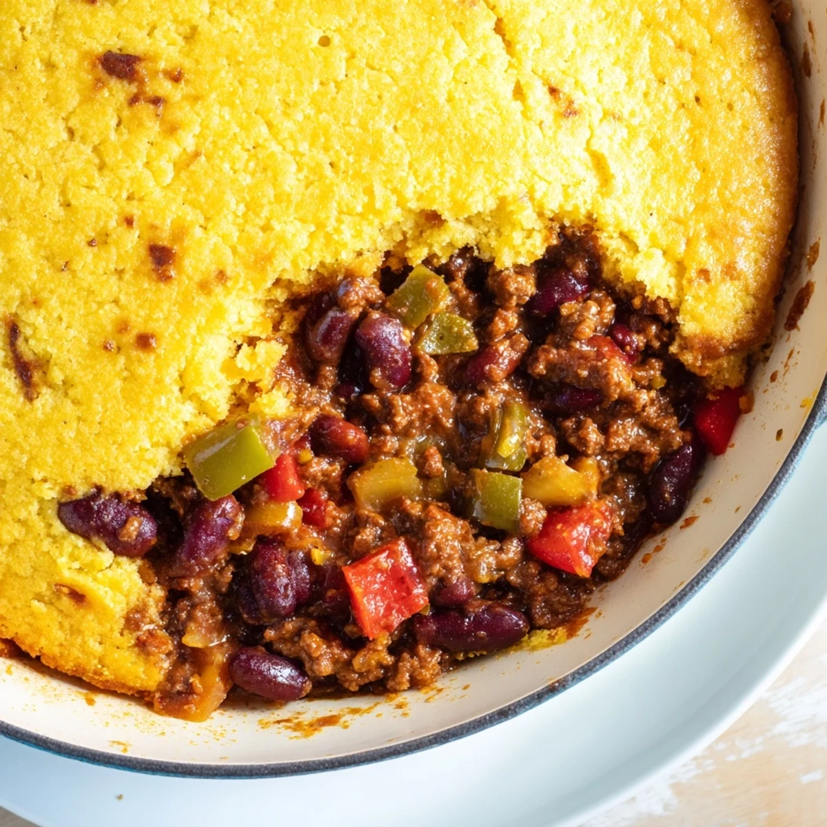 Freshly baked Beef Chili with Cornbread Topping served with sour cream and cilantro garnish.