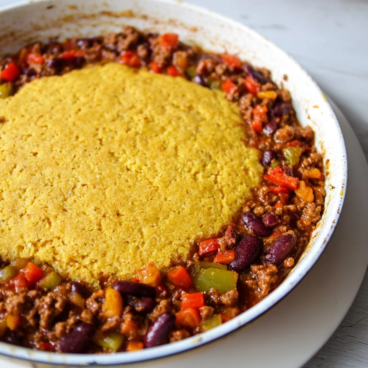 Skillet of golden Beef Chili with Cornbread Topping showing a hearty scoop removed from the middle.