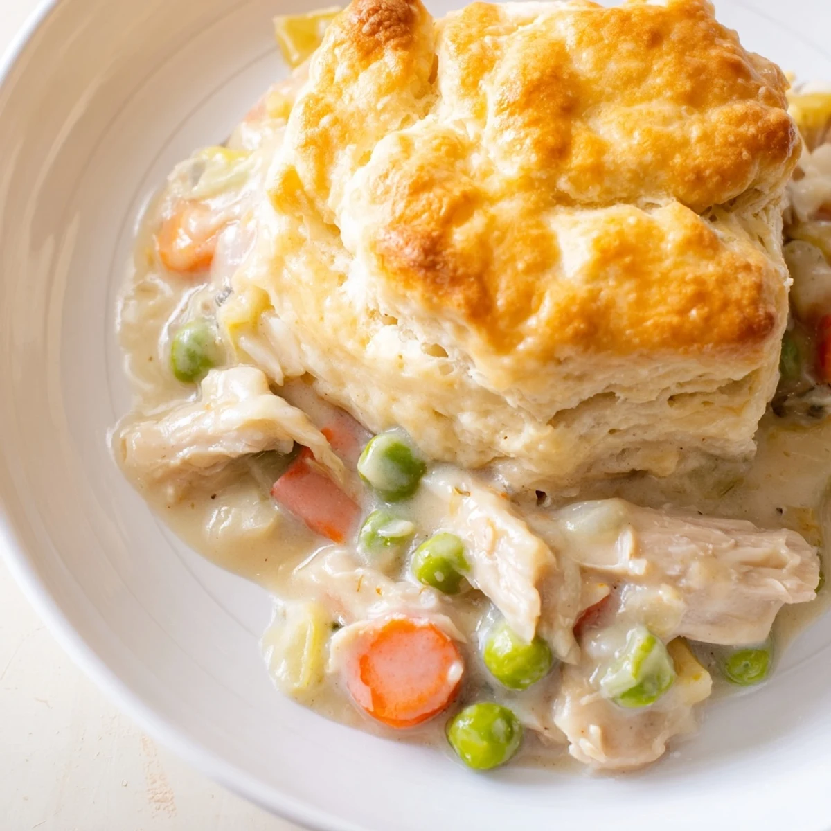 A rustic Chicken Pot Pie with Biscuit Crust, its golden-brown, flaky biscuit topping baked over a bubbling, creamy filling.