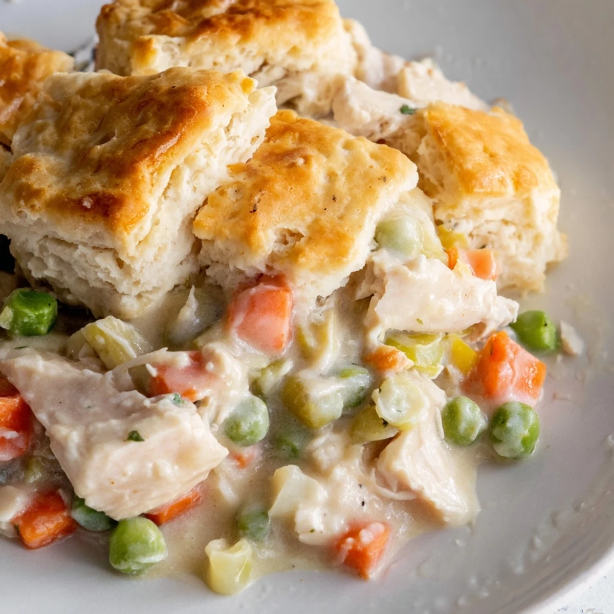 Savory Chicken Pot Pie with Biscuit Crust served in a white dish, showcasing tender chicken and peas under a golden crust.