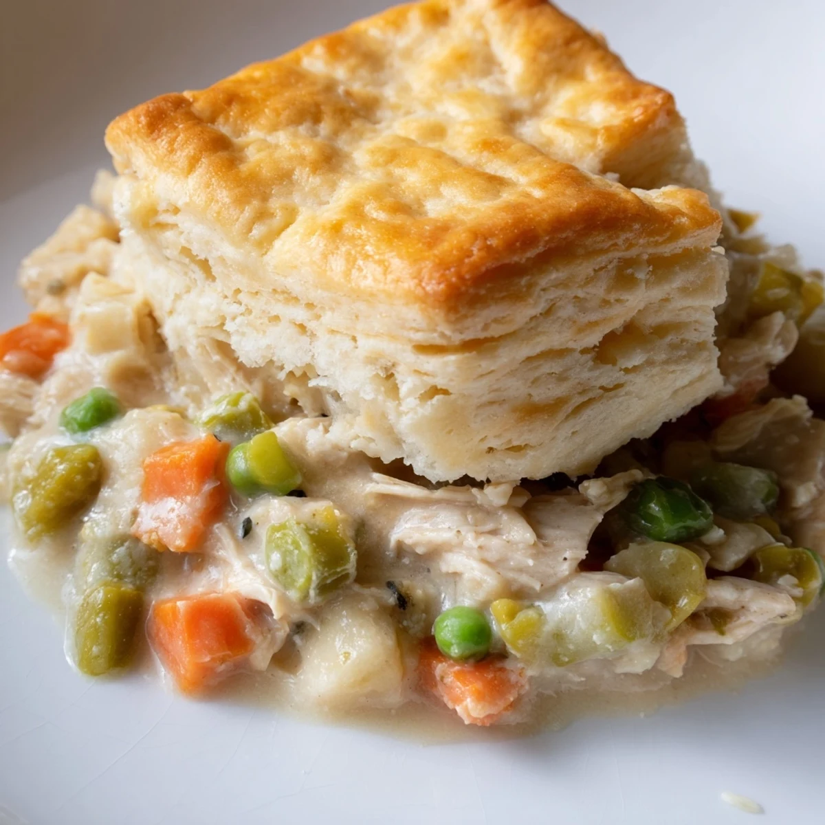 Freshly baked Chicken Pot Pie with Biscuit Crust, featuring fluffy golden biscuits and a hearty, creamy chicken and vegetable mixture.