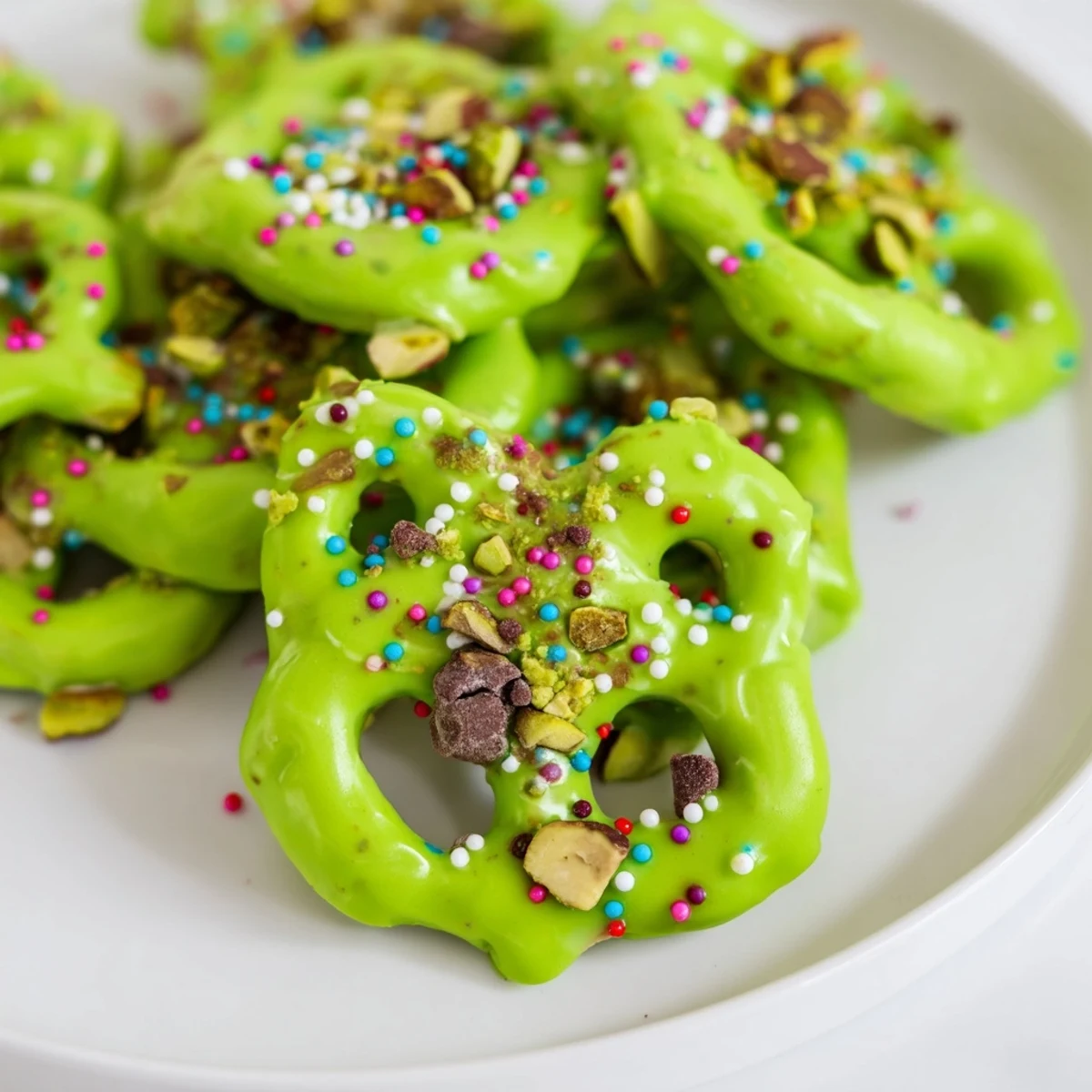 Pretzel Treats with Green Chocolate rest on parchment, showing crunchy pretzels dipped in vibrant melted green chocolate.