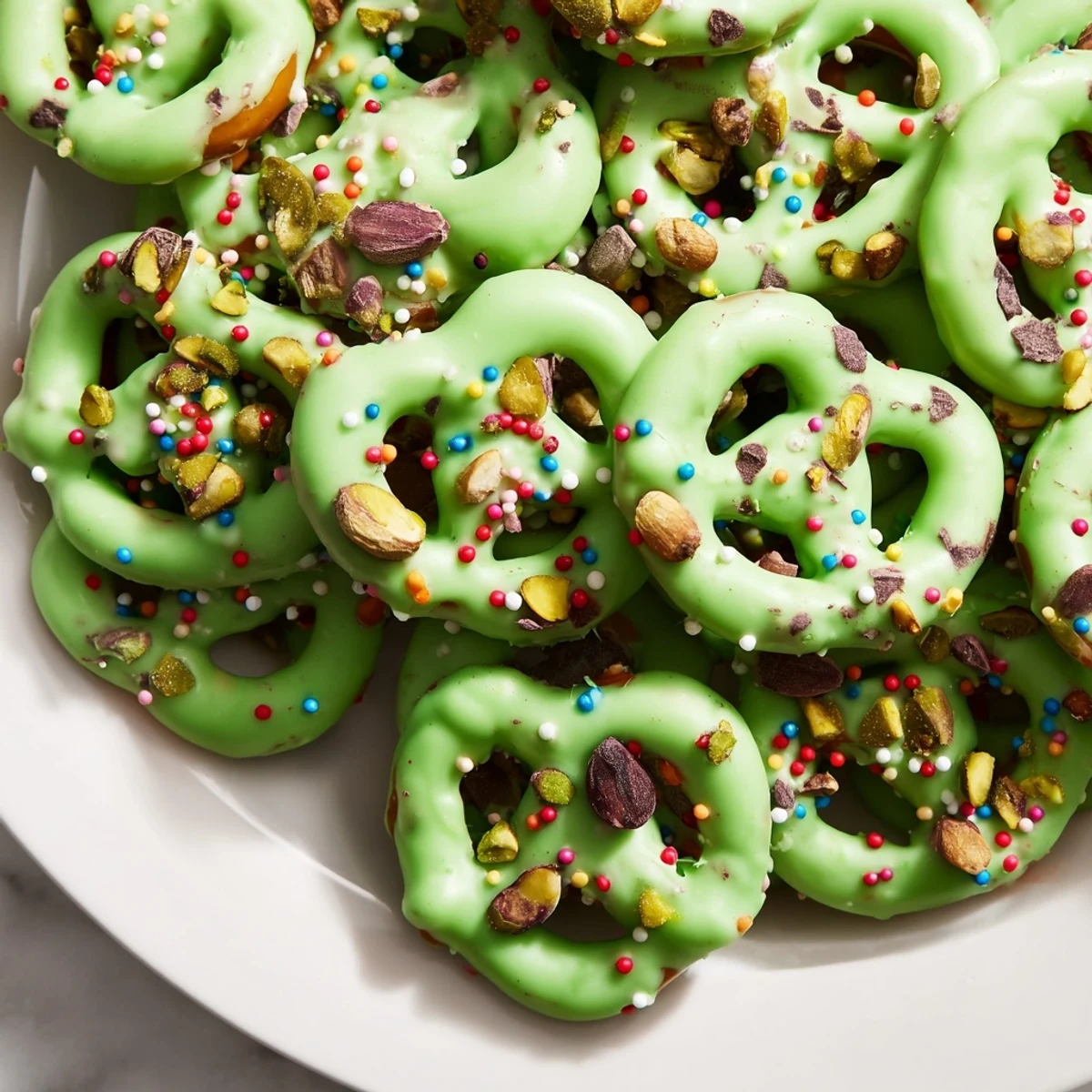 Festive Pretzel Treats with Green Chocolate are half-dipped and sprinkled with colorful sugar for a sweet-salty party snack.