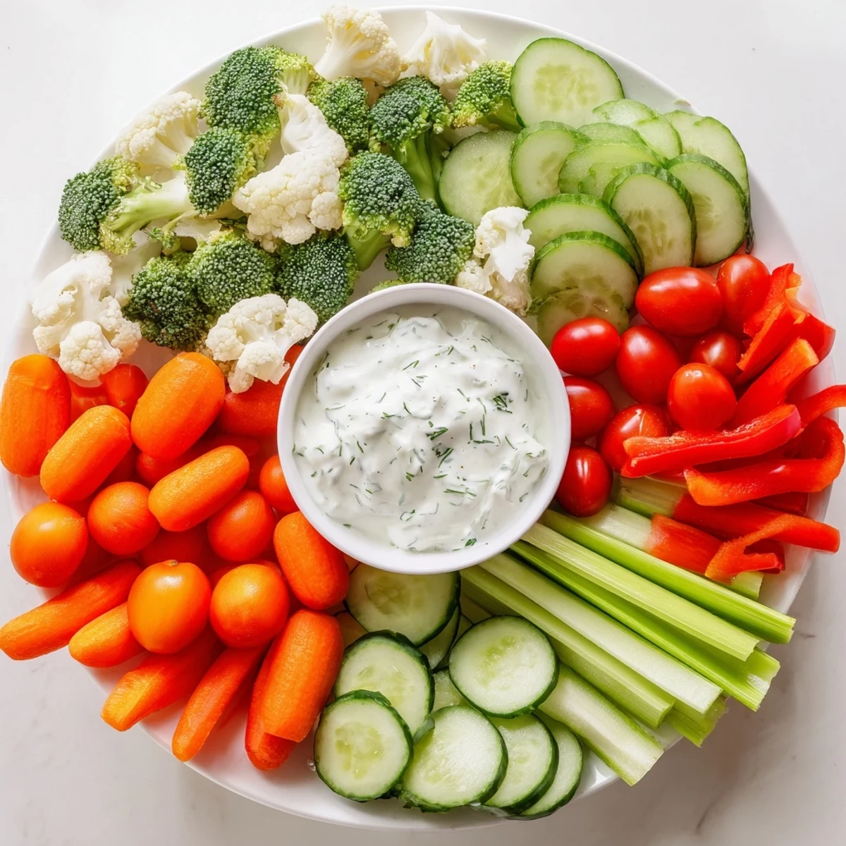 Colorful veggie tray with ranch dip featuring crisp carrots, cucumbers, and cherry tomatoes on a party platter.