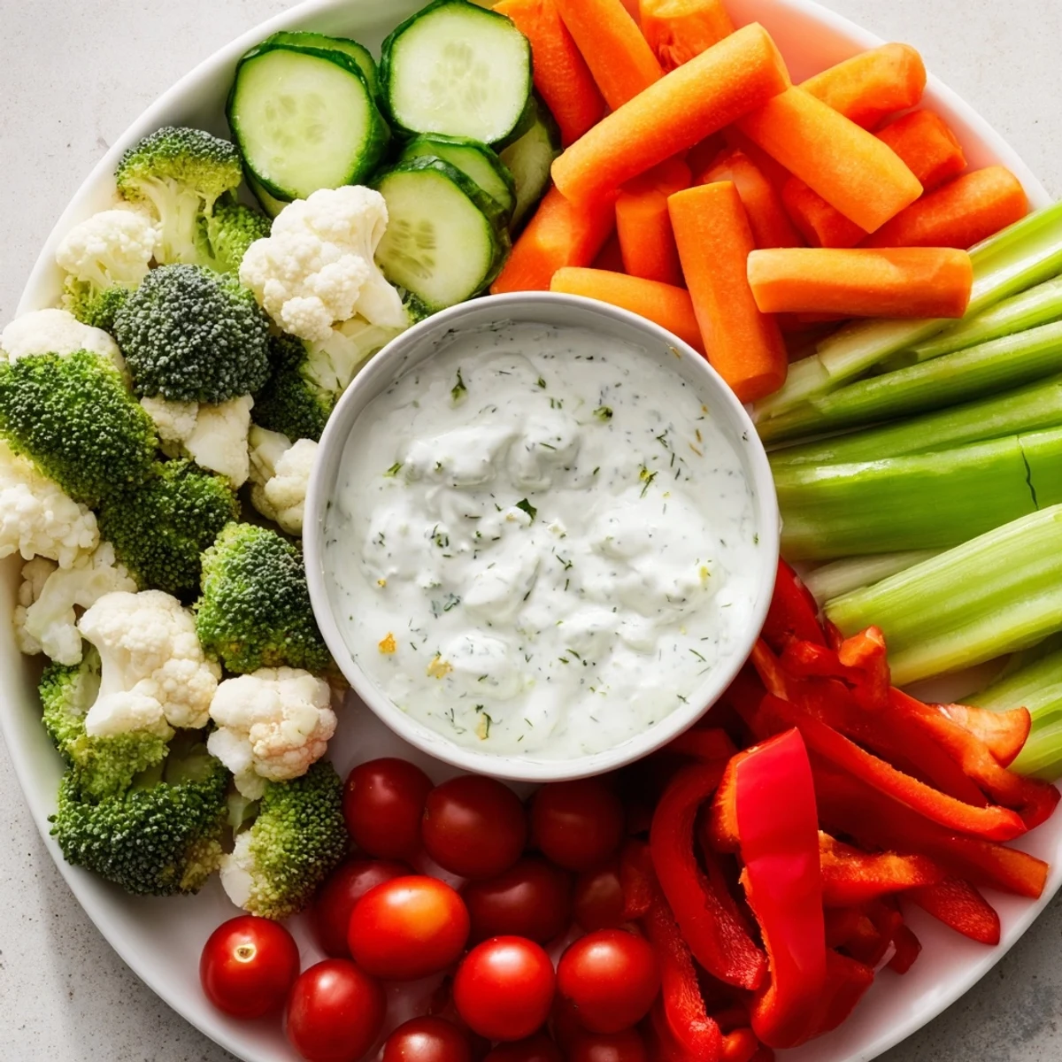 Fresh veggie platter with creamy ranch dip, perfect for easy healthy snacking or game day appetizers.