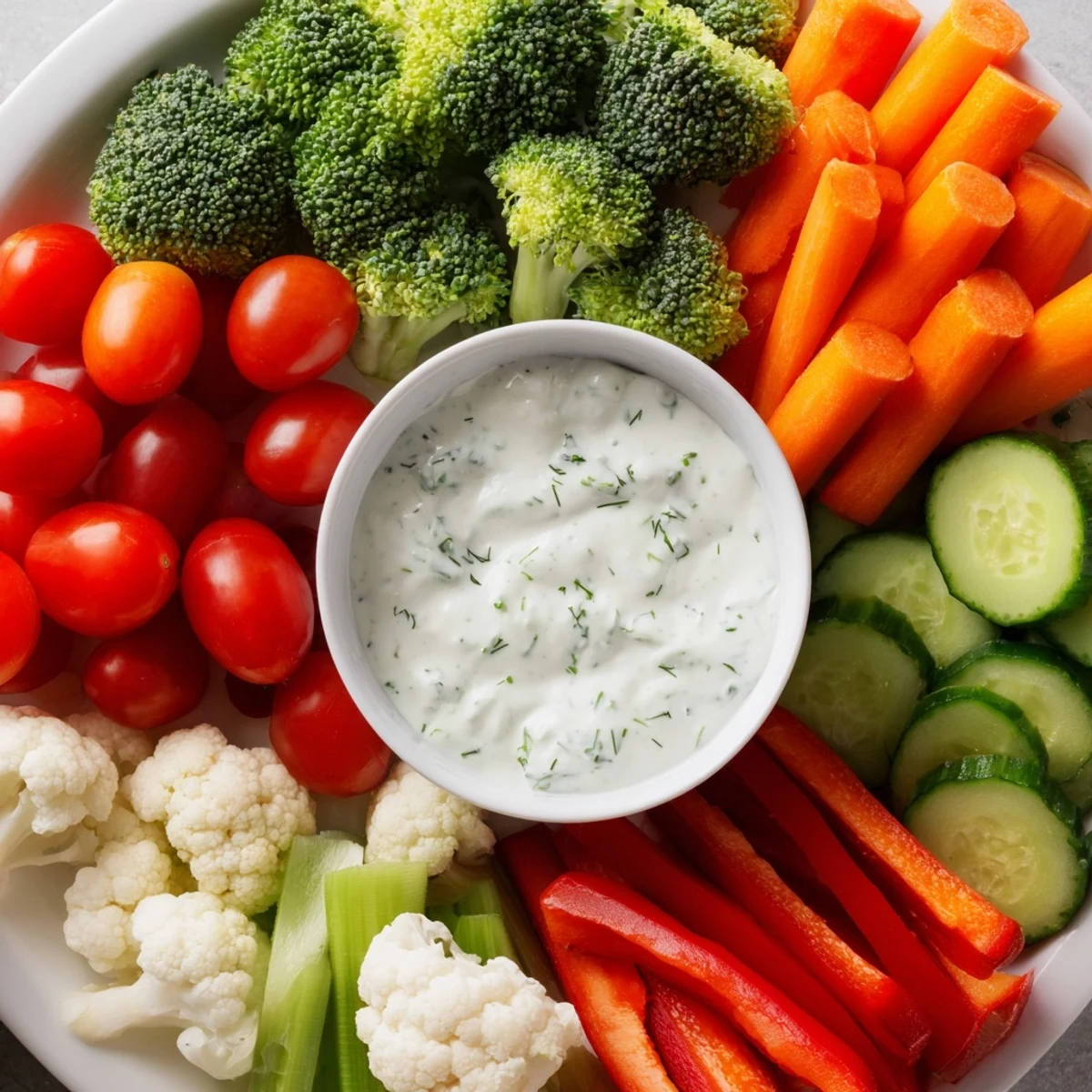 Crisp vegetable platter with homemade ranch dip, a vegetarian and gluten-free party snack everyone loves.