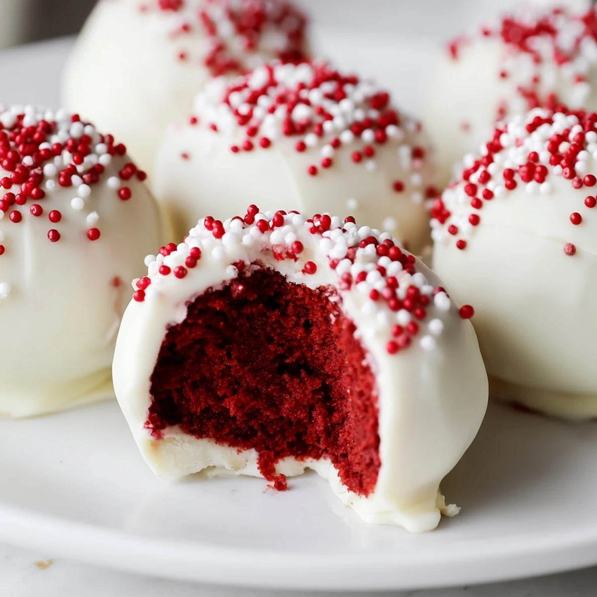 Freshly dipped Red Velvet Cake Pops with white chocolate coating on a stick, ready to serve at a party. 