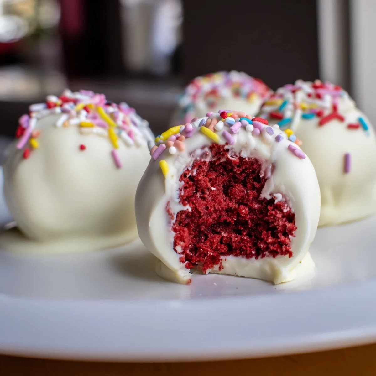 Styrofoam stand holding decorated Red Velvet Cake Pops with white chocolate and colorful sprinkles for a sweet treat.