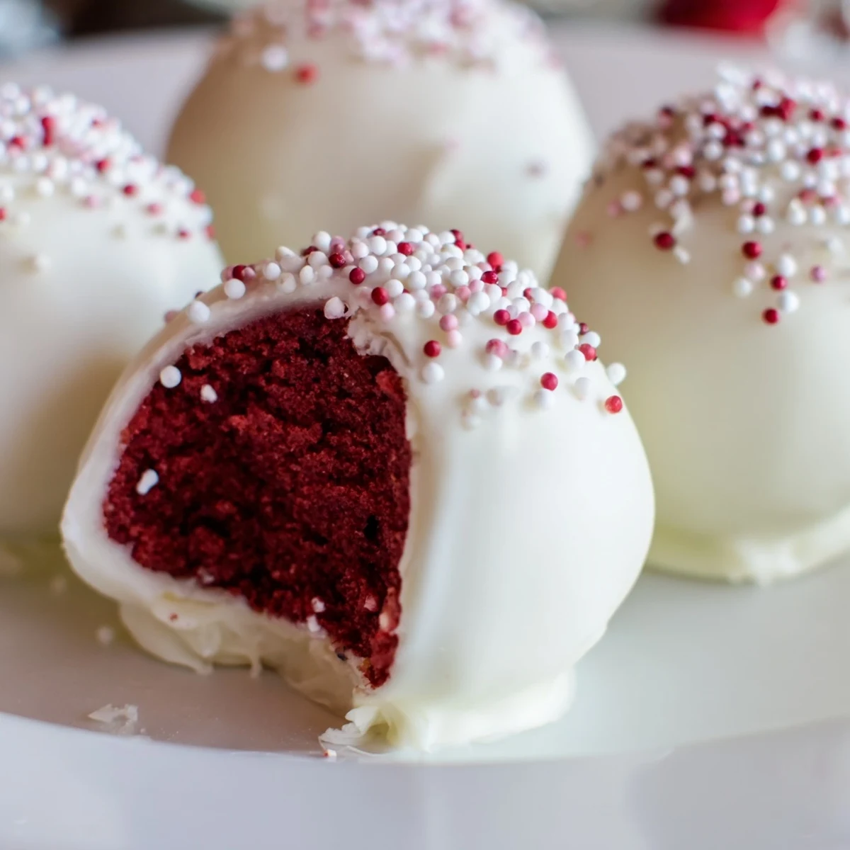 Close-up of Red Velvet Cake Pops showing moist cake interior and creamy white chocolate coating on a dessert platter.