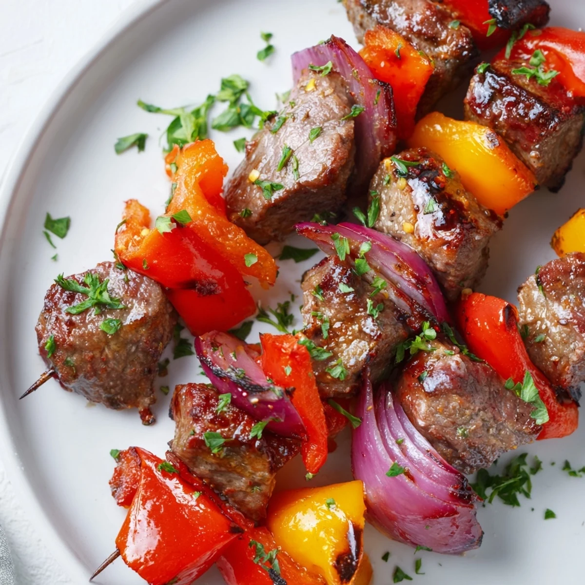 Grilled Beef Sausage Skewers with Peppers hot off the grill, featuring charred edges and vibrant colors for a summer barbecue.