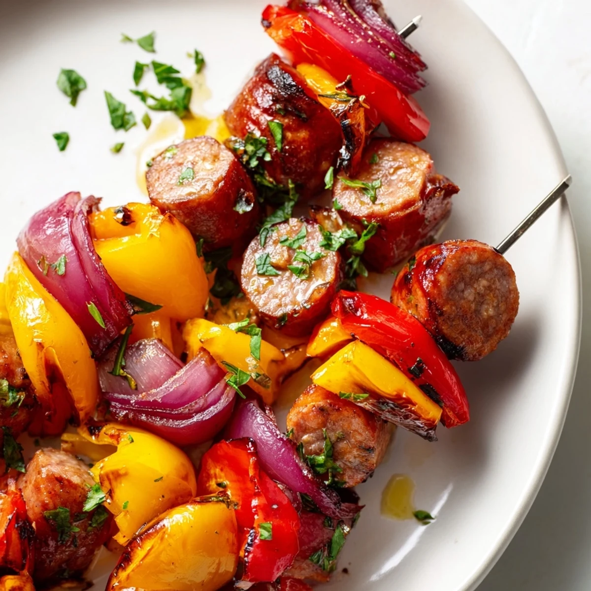 Tender slices of juicy beef sausage and smoky bell peppers stacked on a wooden skewer, served with a fresh lemon wedge.