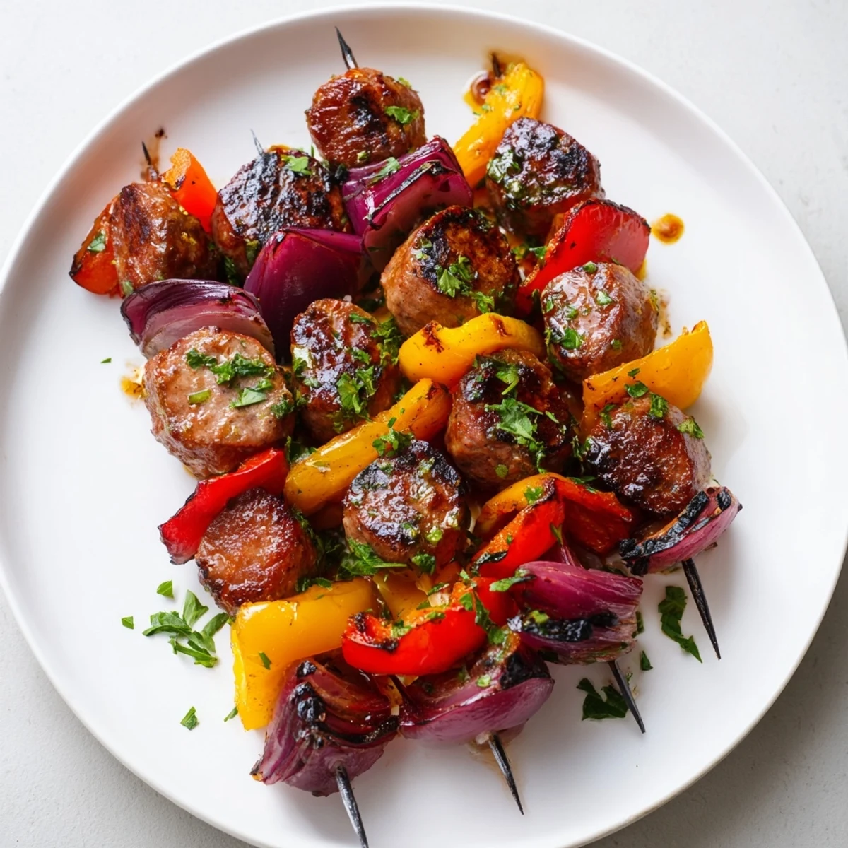 Hearty Beef Sausage Skewers with Peppers arranged on a platter, showcasing red and yellow peppers and onions for a weeknight dinner.