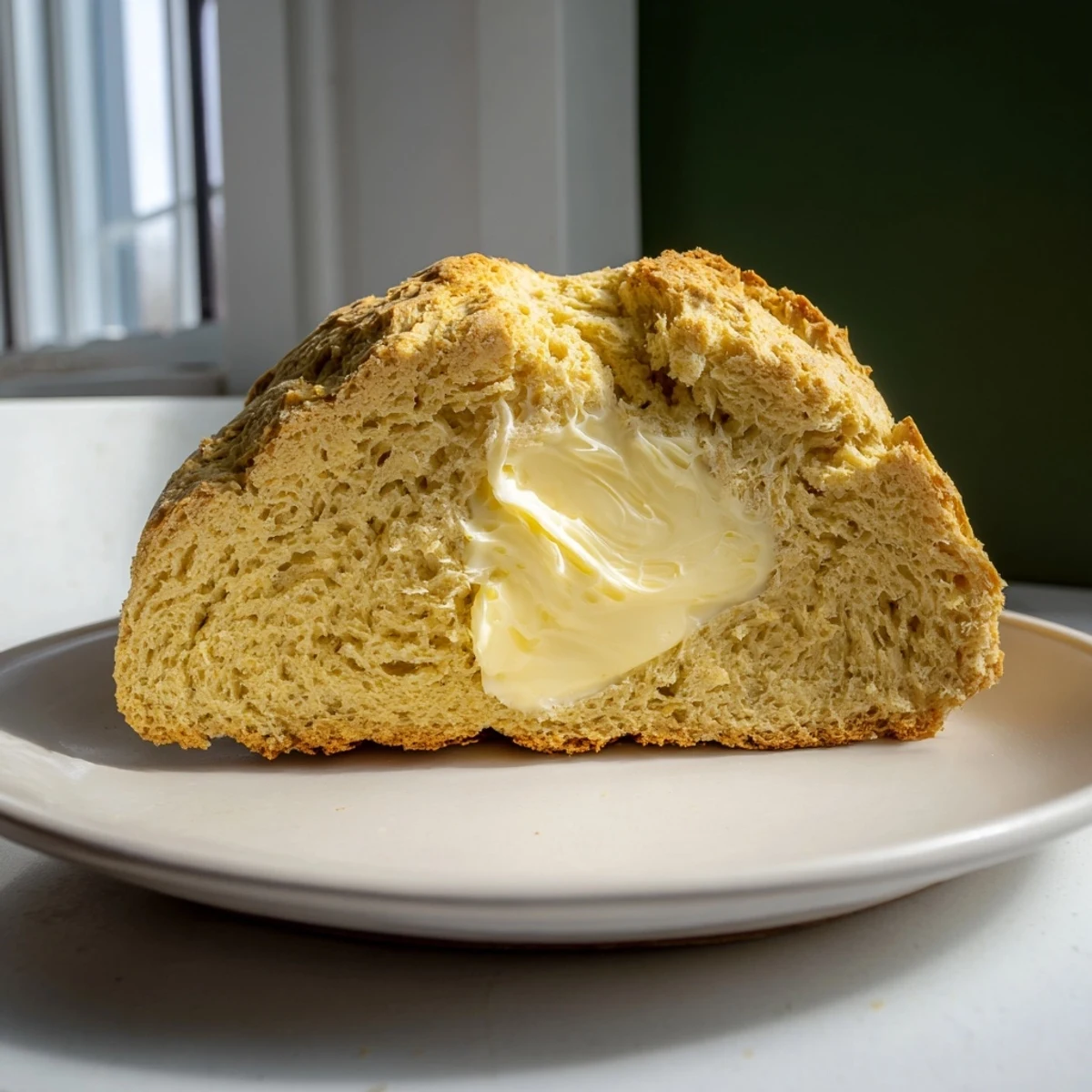 A rustic soda bread loaf with a deep cross on top, golden crust, and tender crumb, ready to slice and serve with creamy Irish butter.  