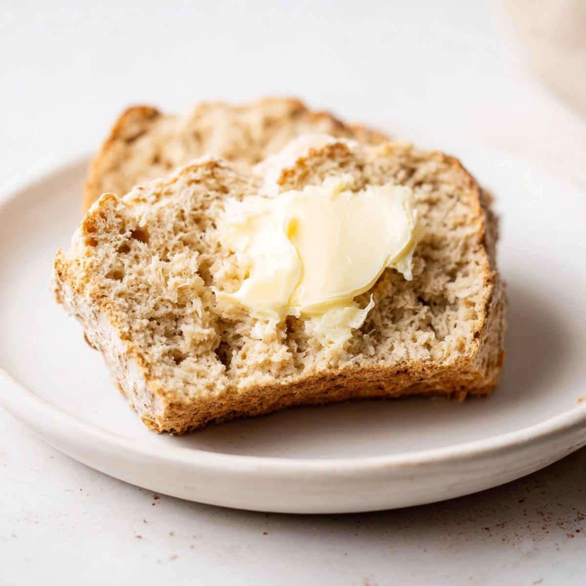 Freshly baked soda bread cooling on a wire rack, its rustic crust and soft interior paired with a generous pat of rich Irish butter.  