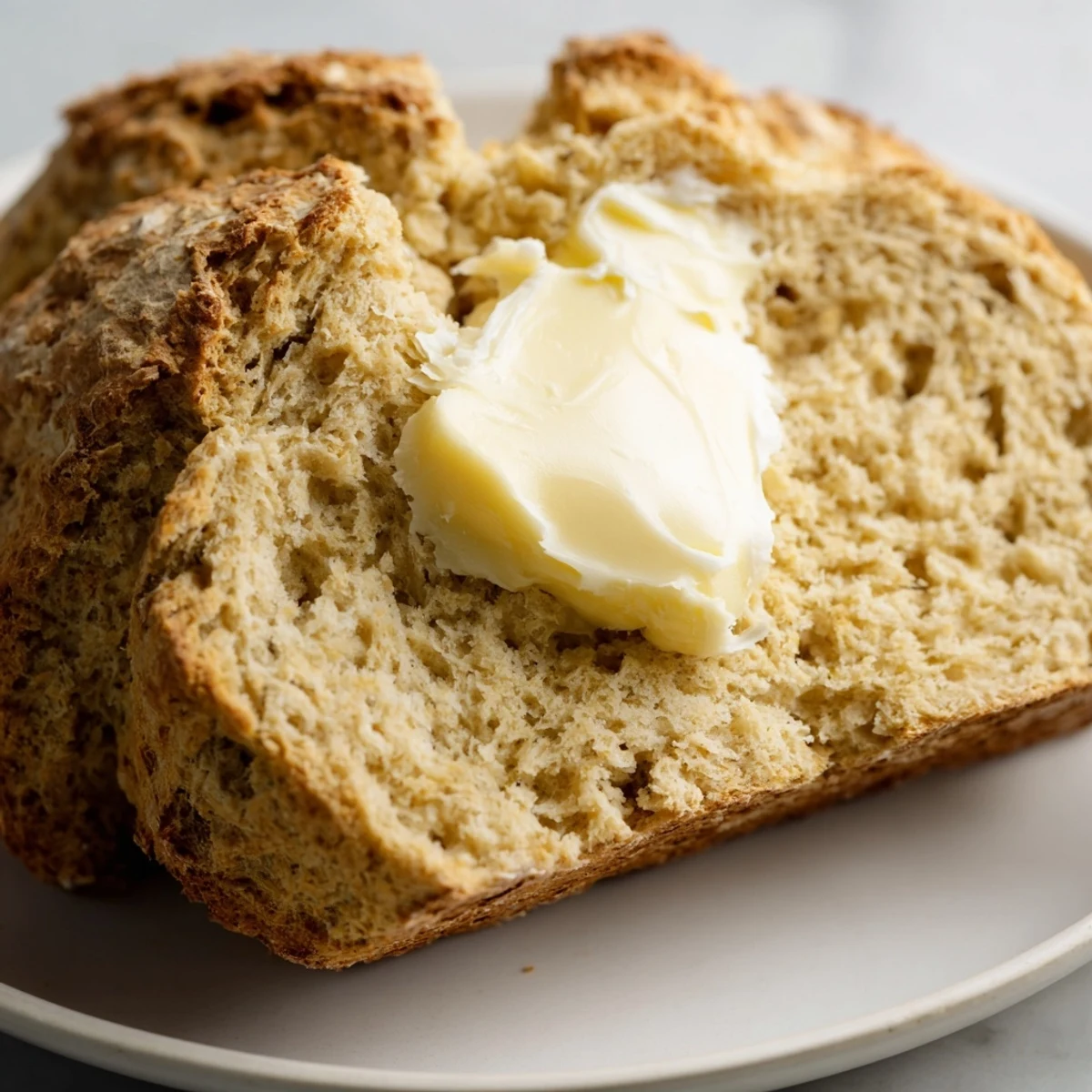 Golden-brown soda bread loaf on a wooden board, sliced to reveal a tender crumb, perfect for spreading with silky Irish butter.