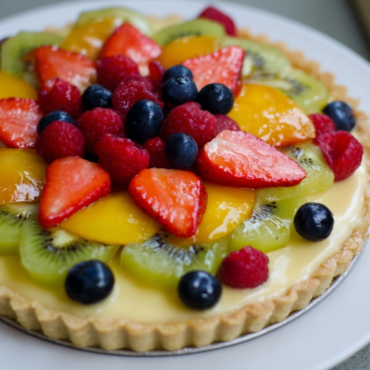 Freshly baked Fruit Tart with Vanilla Custard features a golden, buttery crust, smooth custard, and vibrant sliced strawberries and blueberries.  