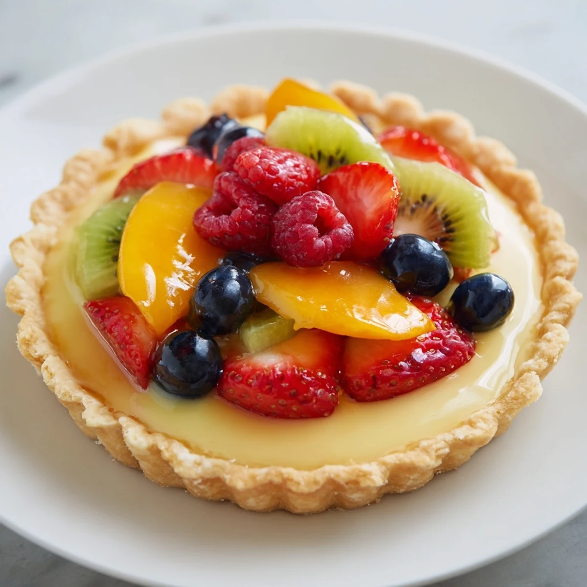 Slices of Fruit Tart with Vanilla Custard show glossy, apricot-glazed fruit topping over creamy custard filling inside a crisp tart shell.  
