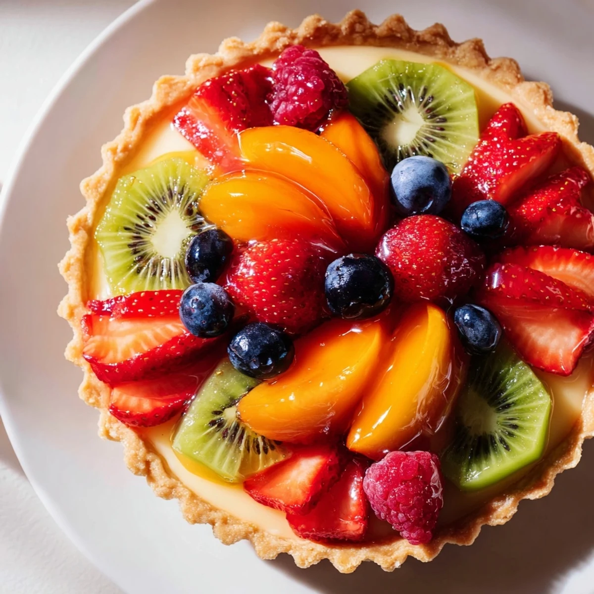 Perfectly chilled Fruit Tart with Vanilla Custard served on a white plate, garnished with fresh seasonal berries for an elegant dessert presentation.