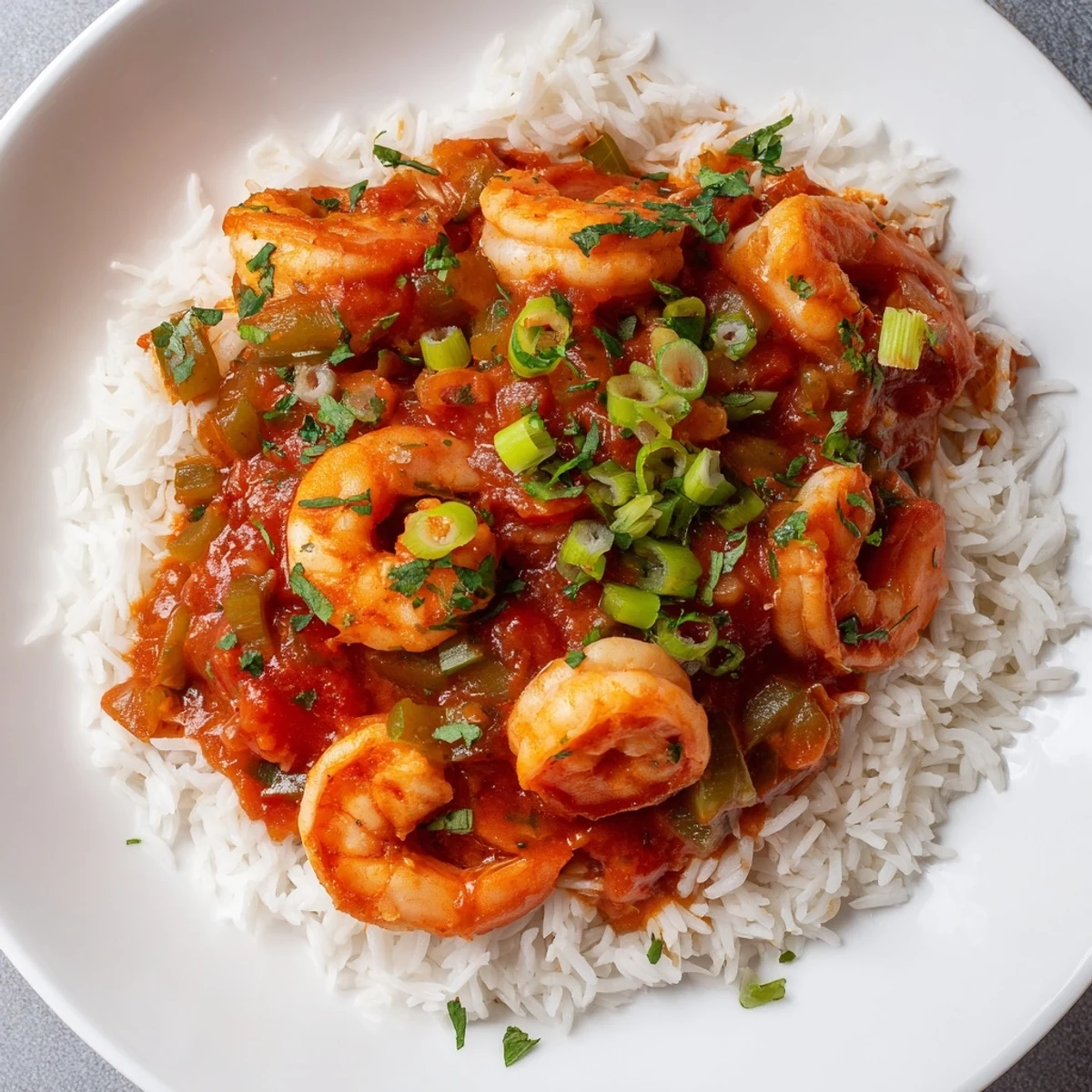 Savory Shrimp Creole with white rice and vibrant vegetables, showcasing a rich, red Creole sauce and fresh parsley garnish.  