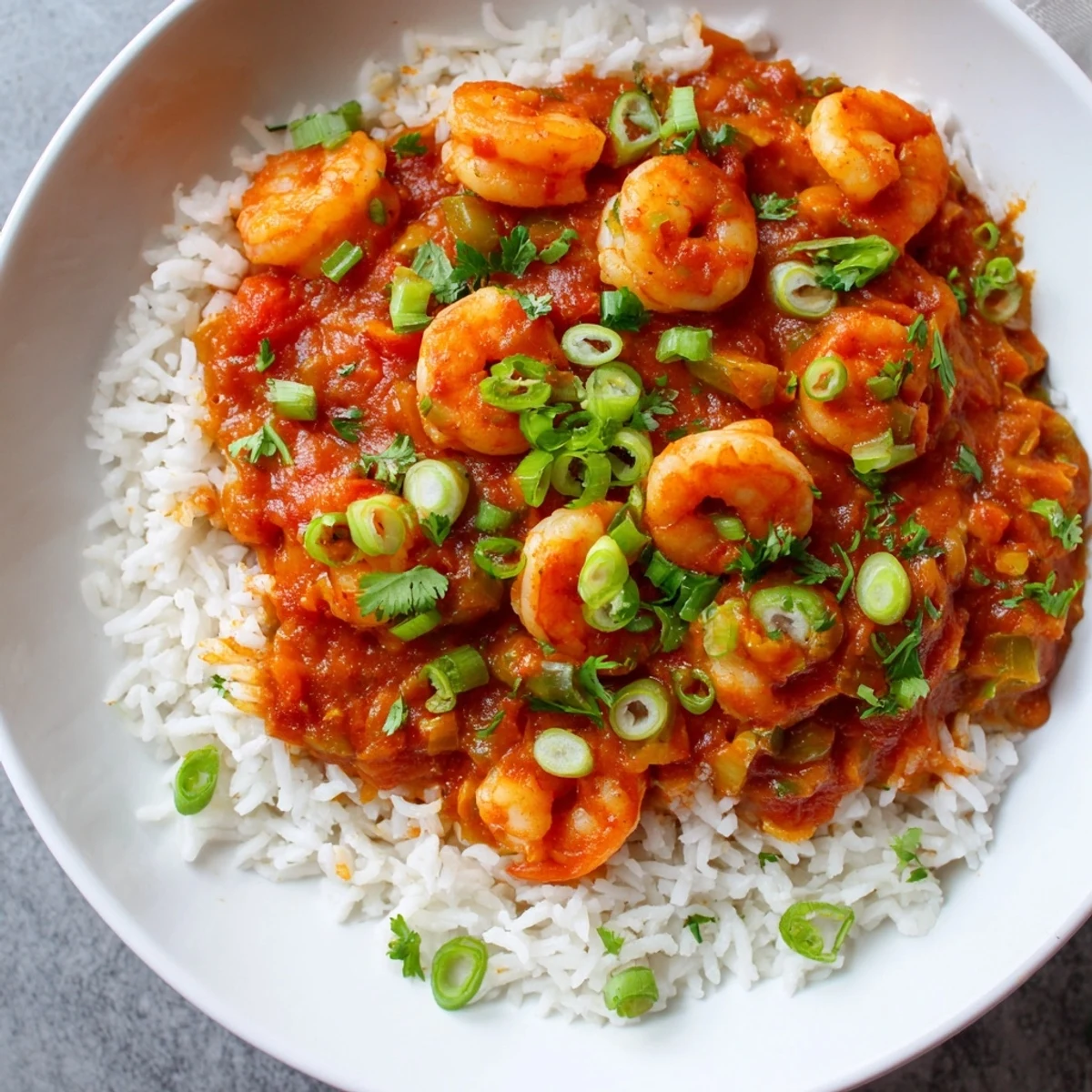 Tender shrimp simmered in a spicy tomato sauce, served over a bed of fluffy white rice, garnished with fresh green onions.  