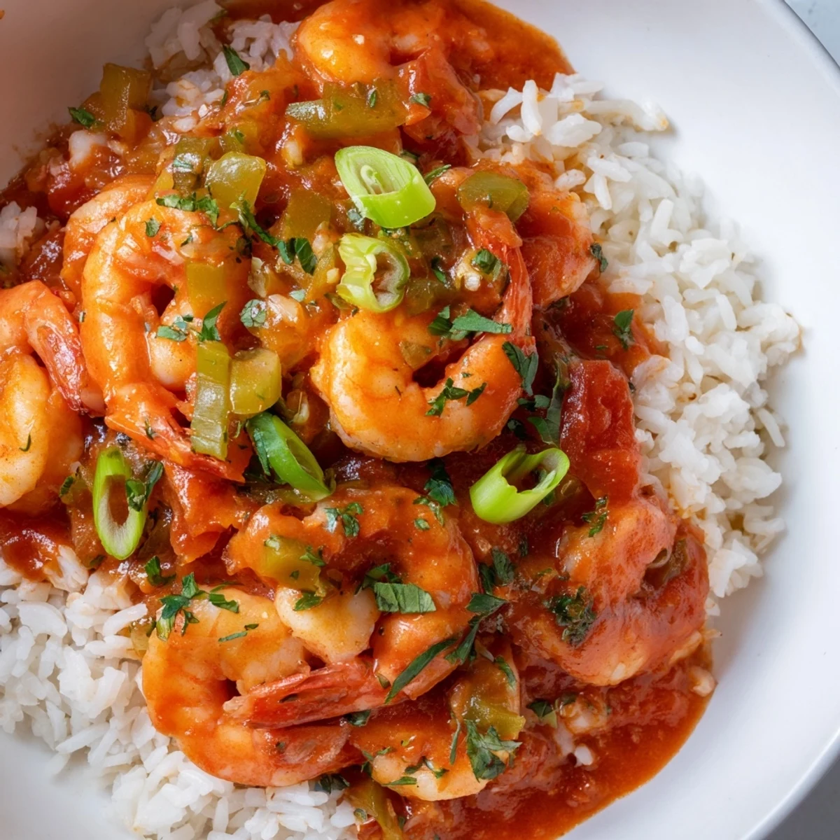 A close-up of succulent shrimp in a thick, spicy Creole sauce, ready to be spooned over hot white rice.