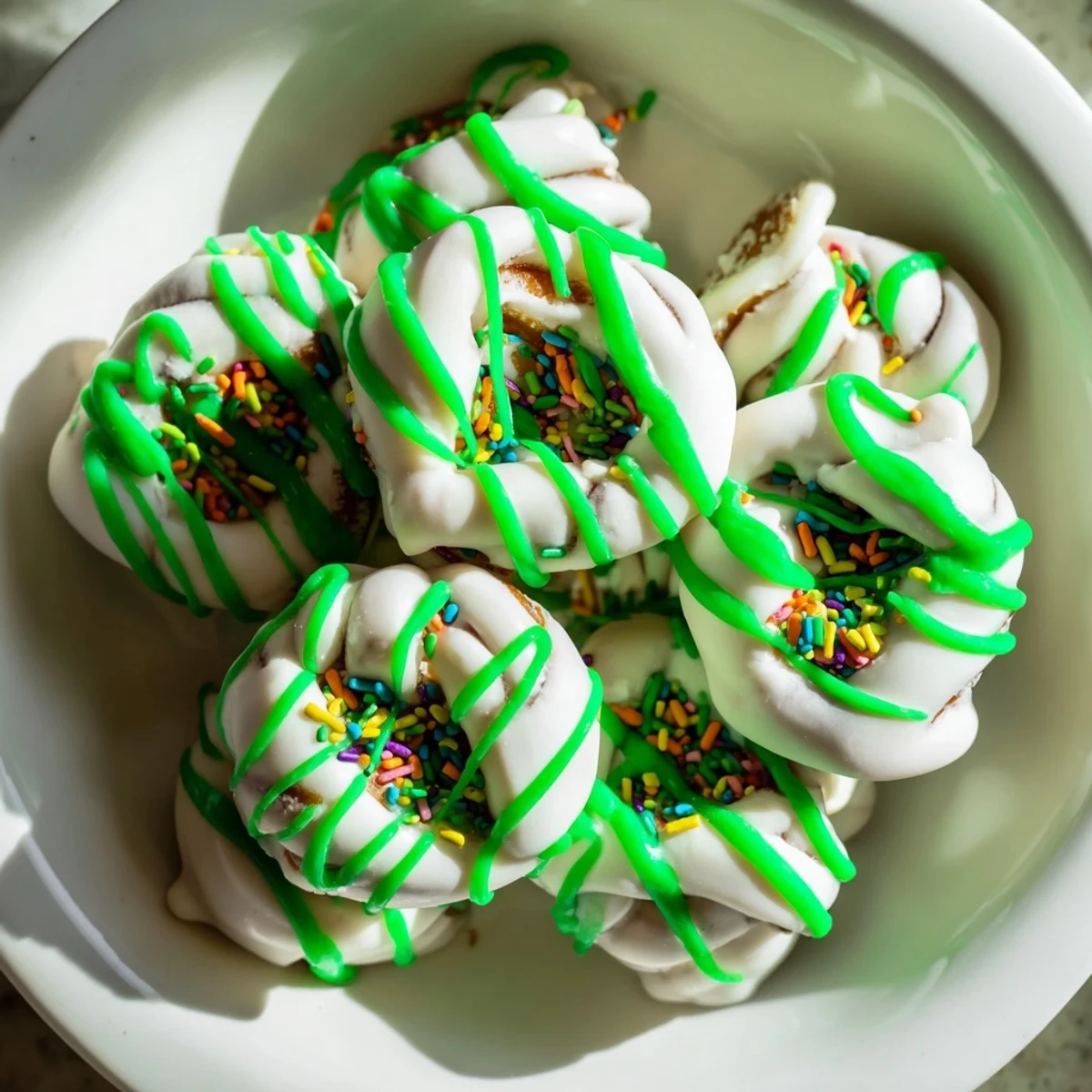Pretzel Treats with Green Chocolate Drizzle arranged on parchment paper, the glistening green chocolate pooling in the pretzel twists for a sweet-and-salty snack.